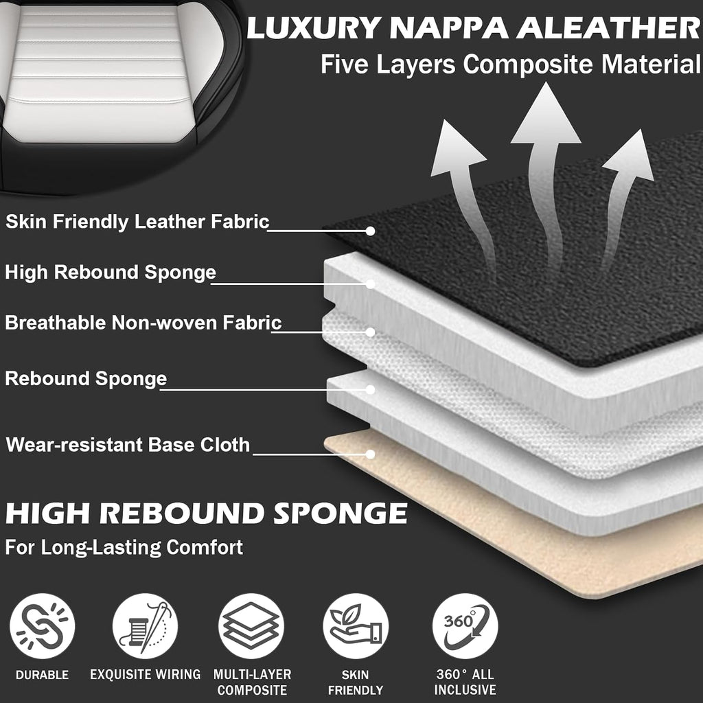 Car Seat Cover Full Set for Kia EV9 Seat Covers 2024-2025, Nappa Leather Waterproof Seat Covers for Cars, Airbag Compatible, Universal Automotive Seat Covers(Luxury Full Set/Black White)