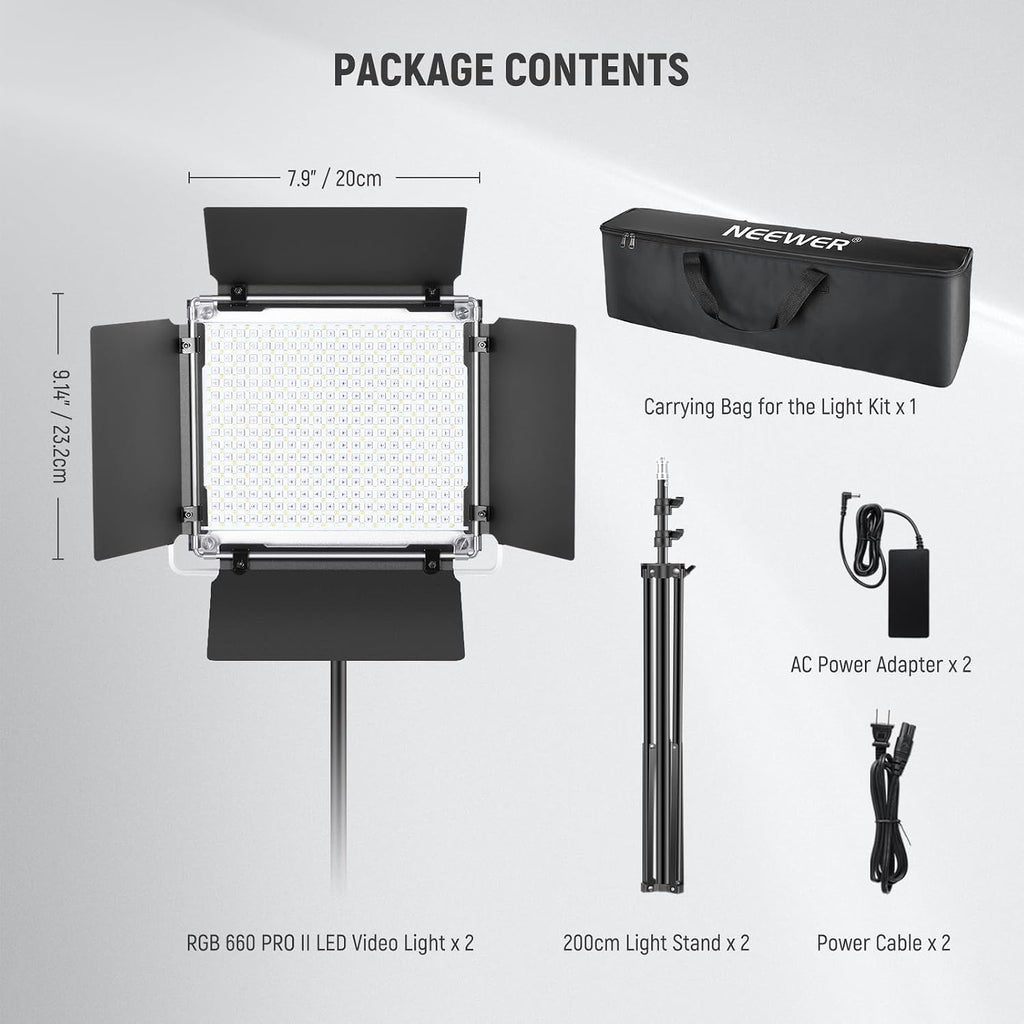 NEEWER Upgraded 660 PRO II RGB LED Video Light with App Control & Tripod Stand Kit, 2 Pack 50W/1% Min Dimming/CRI97+/3200-5600K for Game Streaming YouTube Studio, Bluetooth