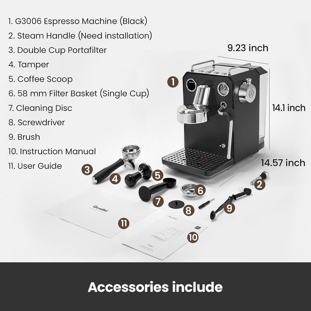 Gemilai Owl G3006 Home Espresso Machine, 58mm Commercial Group Head & PID Temp Control, Stainless Steel Coffee Maker for Barista-Quality Latte Art, Cappuccino Dual Data Display Black