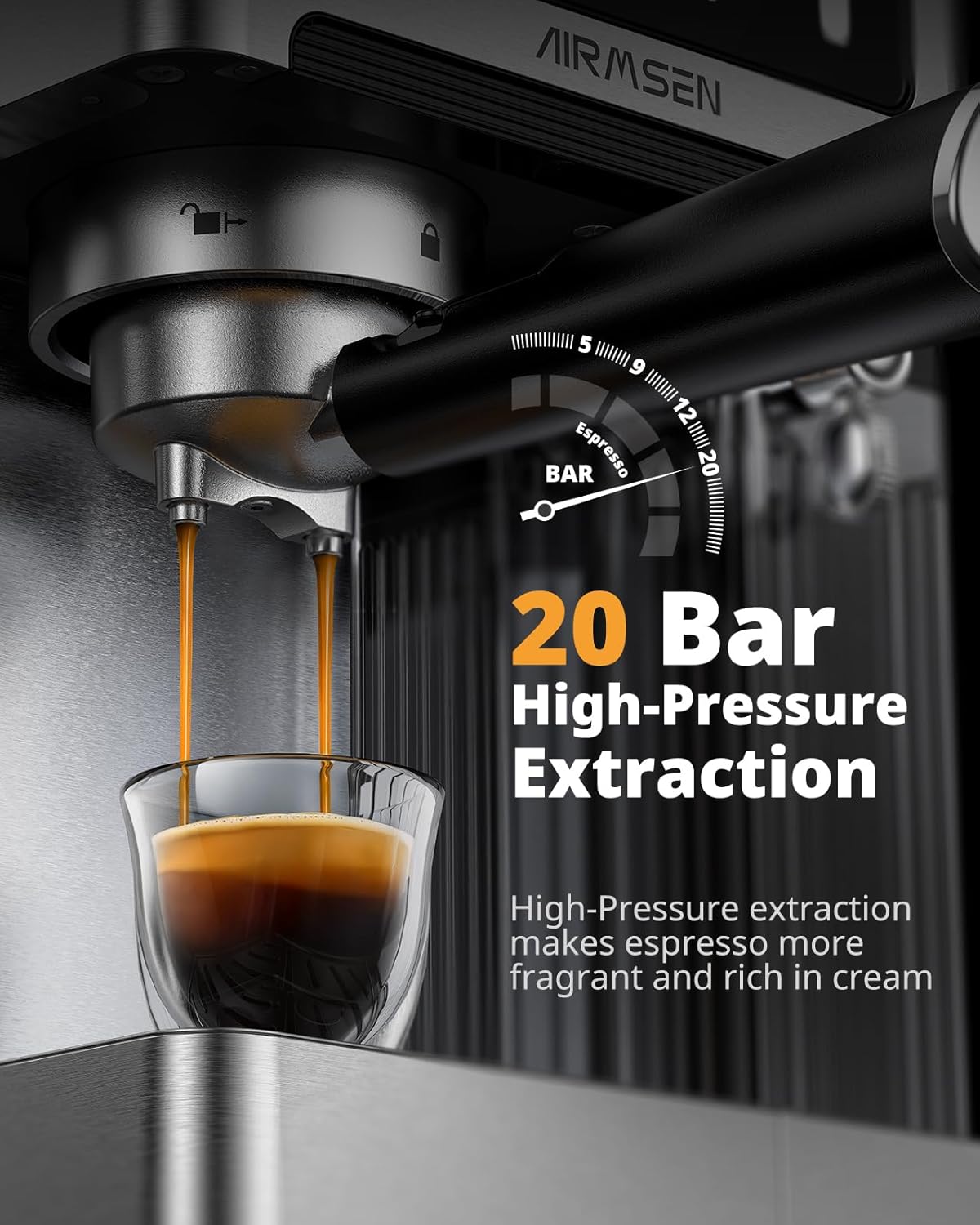 AIRMSEN 20 Bar Espresso Machine with Automatic Milk Frother, Cappuccino & Latte Coffee Maker with Quick Brew Dual Boiler (1350W + 1000W), Stainless Steel, 60oz Water Tank, Touchscreen