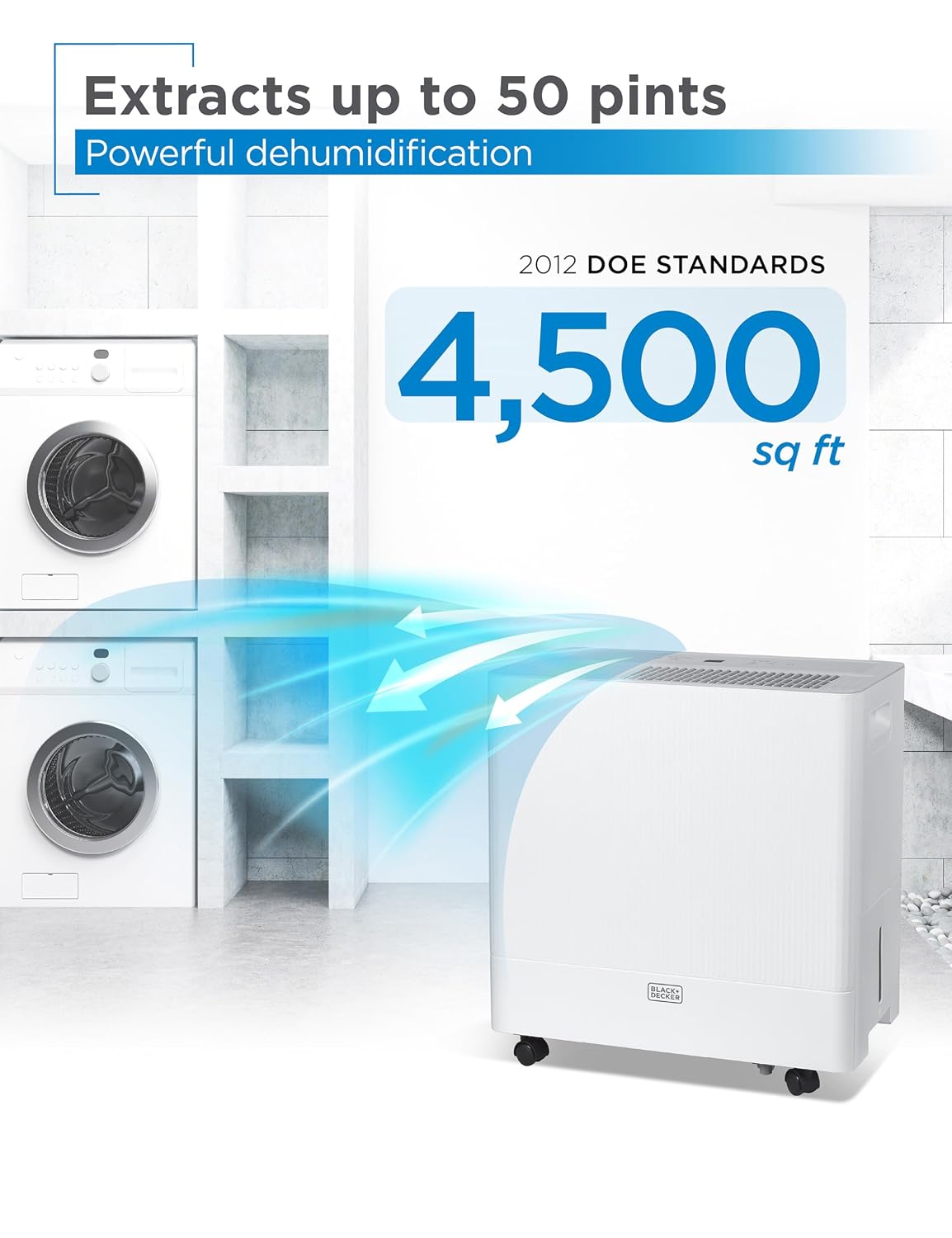 BLACK+DECKER Portable Dehumidifier, Extracts 50-Pint Per 24-Hours, Dehumidifier up to 4500 Sq. Ft. Coverage, 12.68-Pint Bucket, Energy Star Certified, BDM50WCDA, White