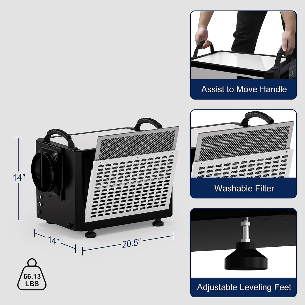 Crawl Space Dehumidifier with Drain Hose, Industry Water Damage Restoration, Auto Defrost, Memory Starting, Remote Control, CSA Listed, 110 Pints Commercial Dehumidifier for Warehouse Whole House