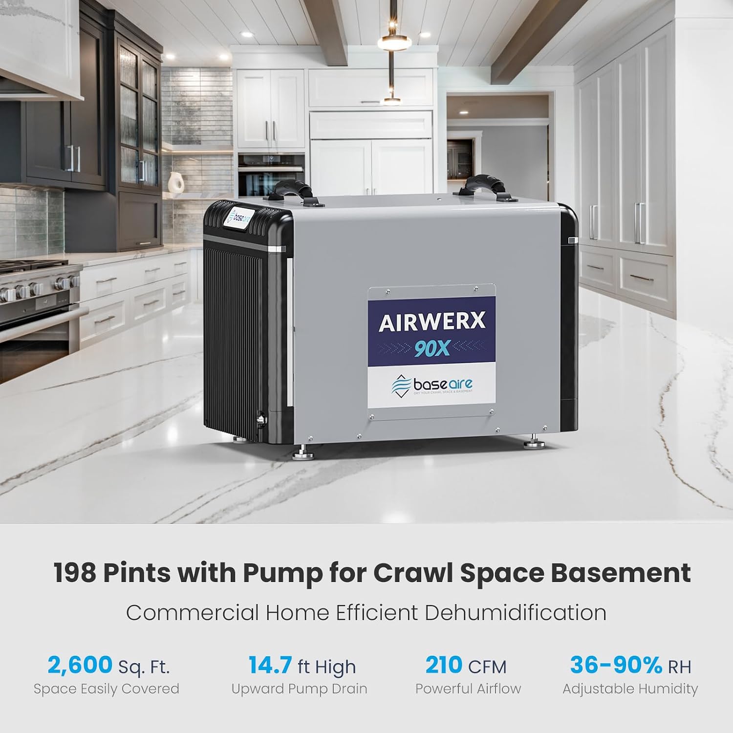 BaseAire 198Pints Dehumidifier with Pump for Crawl Space Basement, 198 Pints Commercial Dehumidifier, Intelligent Humidity Control, Auto Shut off Restart, AirWerx90X