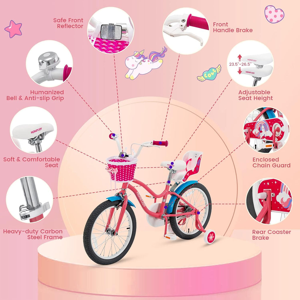 HONEY JOY Kids Bike, 14 16 18 Inch Girls Bike for Toddlers w/Training Wheels, Handbrake & Coaster Brake, Steel Frame, Fully Enclosed Chain, Little Princess Style Children Bicycle, Gift for Girls 3-8