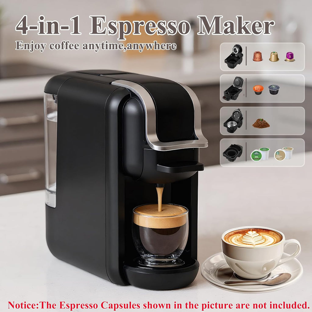 4-in-1 Pods Coffee Maker 19Bar, Compact Design Fast Brew Hot/Cold Single Serve Espresso Machine for K Cup Pods,Nes Original/DG Capsule and Ground Coffee at Home or Office (Black)