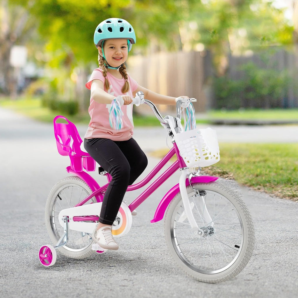 HONEY JOY Kids Bike, 12 14 16 18 Inch Girls Bike w/Training Wheels, Doll Seat, Streamers, Handbrake & Coaster Brake, Fully Enclosed Chain, Princess Style Children Bicycle, Gift for Girls 3-8