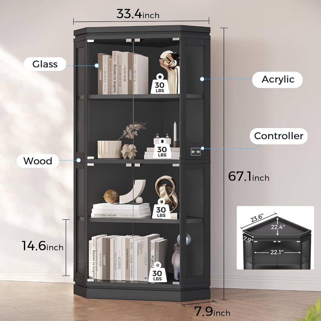 Jocoevol Corner Display Cabinet with Glass Doors, 4-Tier Display Cases for Collectibles with RGB Lights, 67'' Tall Corner Curio Cabinet with Human Body Sensor for Living/Game Room, Black