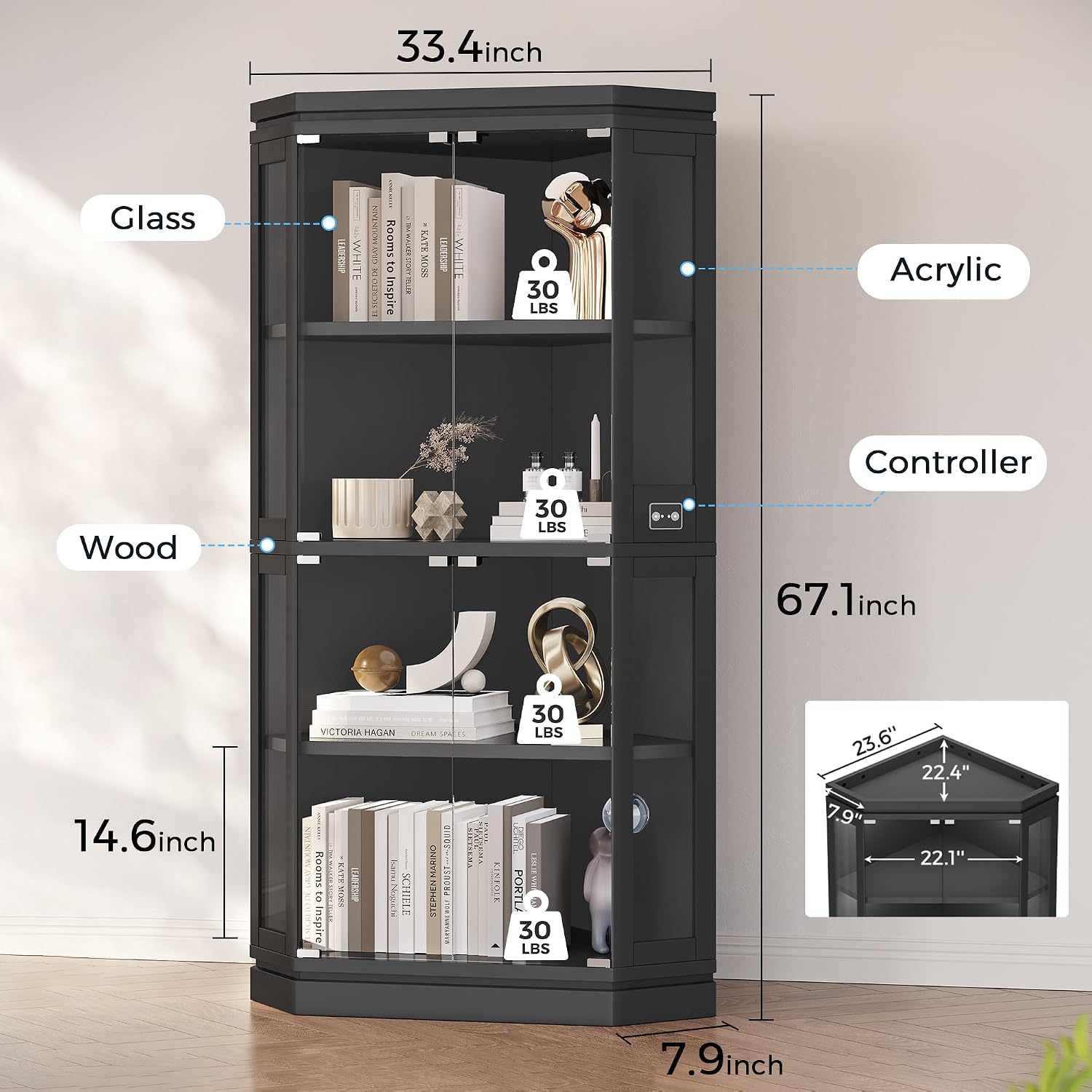 Jocoevol Corner Display Cabinet with Glass Doors, 4-Tier Display Cases for Collectibles with RGB Lights, 67'' Tall Corner Curio Cabinet with Human Body Sensor for Living/Game Room, Black