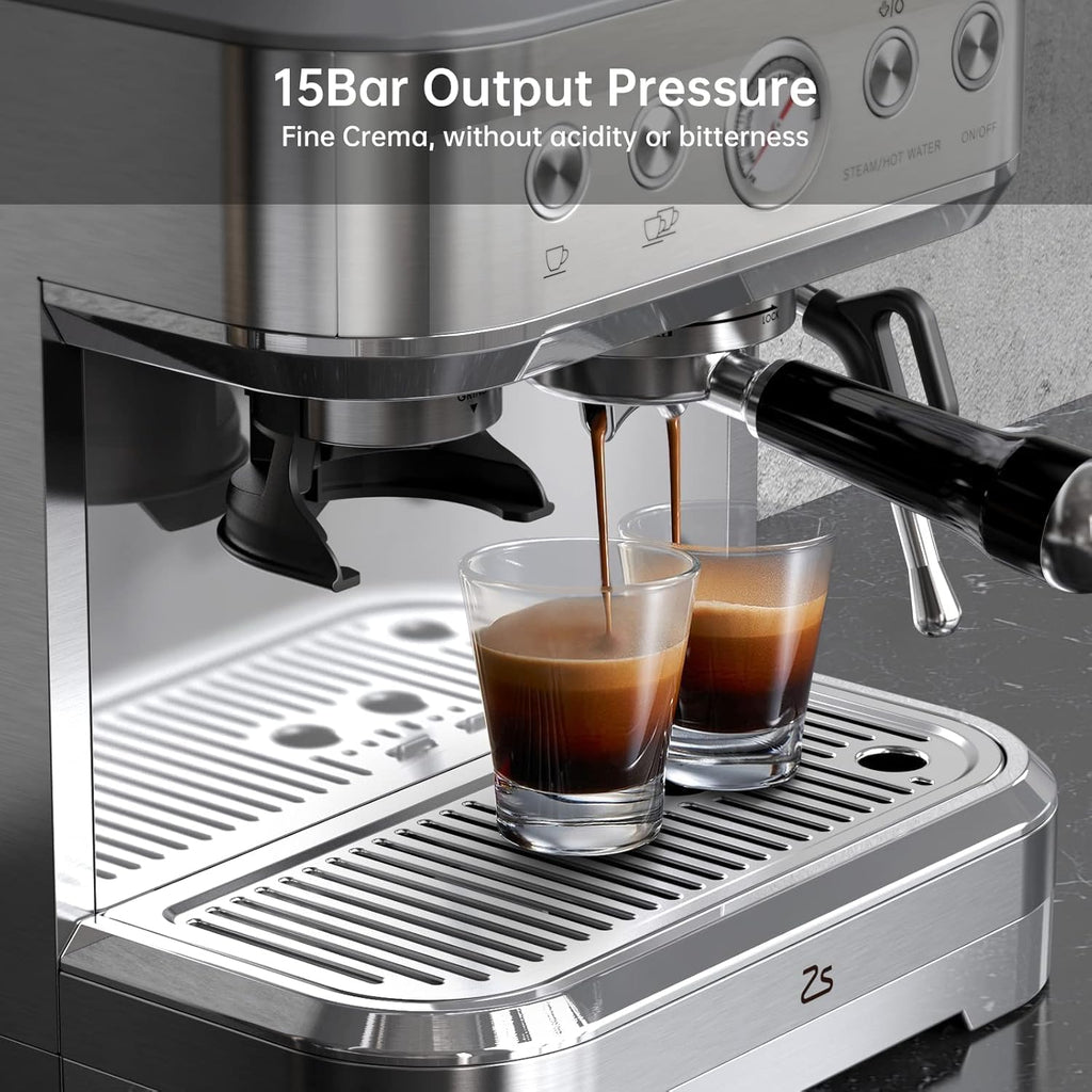 Garvee Espresso Machine with Milk Frother and Built-In Grinder, 3-in-1 Cappuccino Latte and Coffee Maker for Home, 85oz Removable Water Tank, Ideal Gift for Dad, Mom, Coffee Lovers (Sliver)
