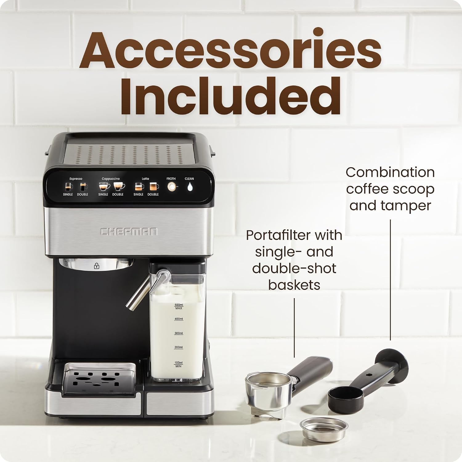 Chefman CaféMaster Pro Espresso Machine, Brew Single or Double Shots, Coffee Maker with Built-In Milk Frother for Cappuccino & Latte, XL 1.8 Liter Removable Water Reservoir - Stainless Steel