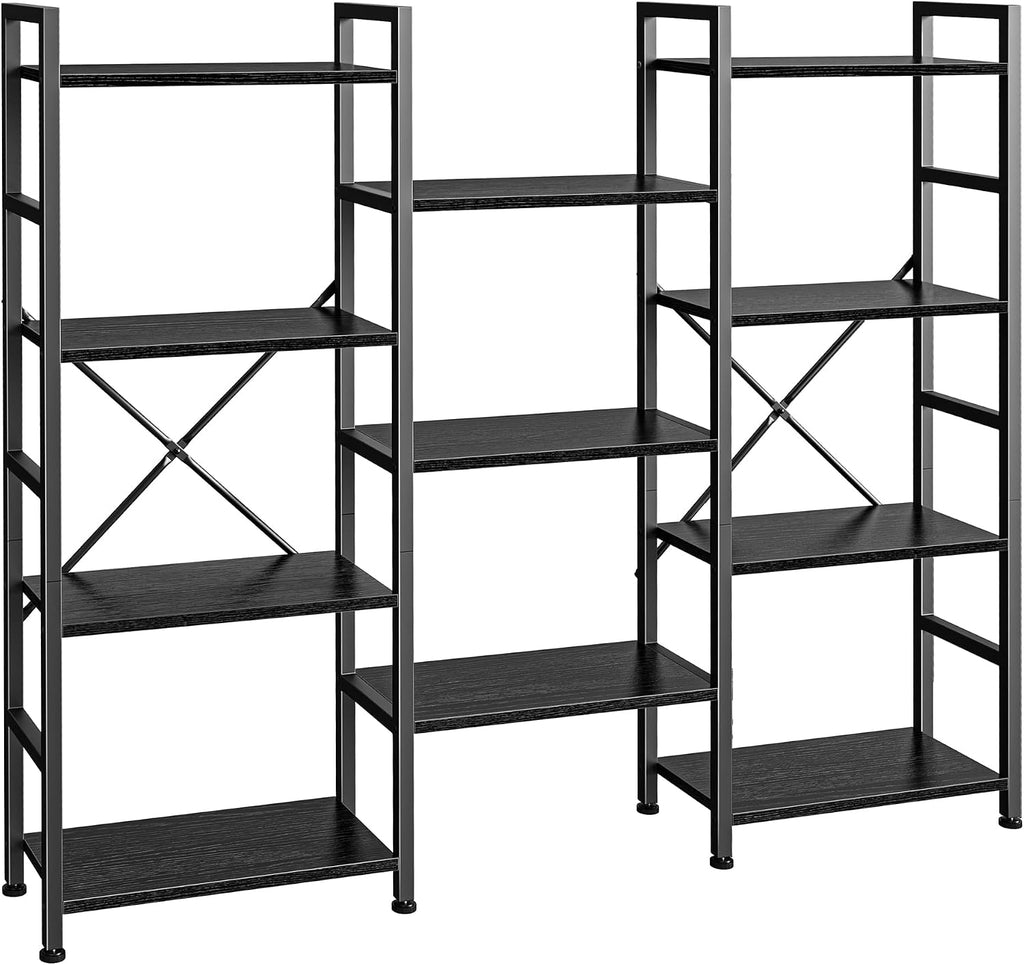 SUPERJARE Triple Bookshelf, Bookcase with 11 Open Display Shelves, Wide Book Shelf Book Case for Home & Office, 4 Tier, Black