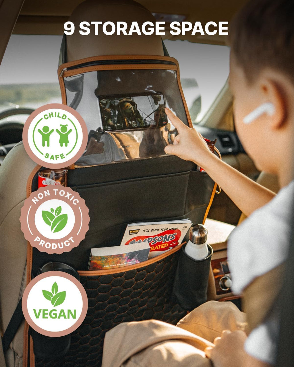 Owleys Set Car Seat Organizer Backseat Back Organizers & Seat Protector Kick Mat Back Of Seat Protector Automotive Organizer Seatback Toy Organization For Kids Behind Black Brown Tan