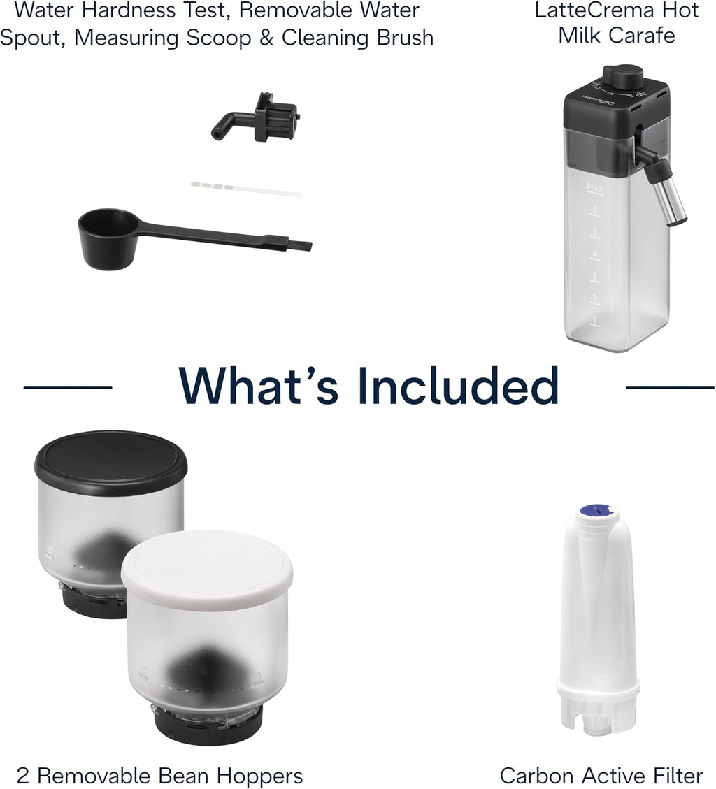 De'Longhi Rivelia Automatic Espresso Machine with Grinder & Milk Frother – All-in-One Coffee Maker, Hot & Iced Latte, Cappuccino, Bean Switch System, Burr Grinder, Compact Italian Design, White