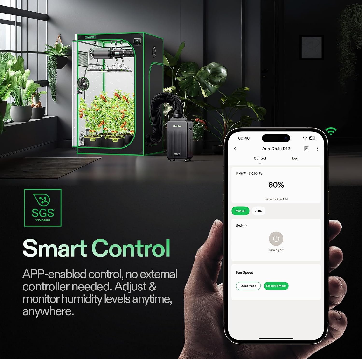 VIVOSUN AeroDrain D12 Smart Environmental Dehumidifier, up to 12L/day, 2L Water Tank, with Temperature & Humidity Sensor Probe, Smart Remote Control, Designed for Grow Tents