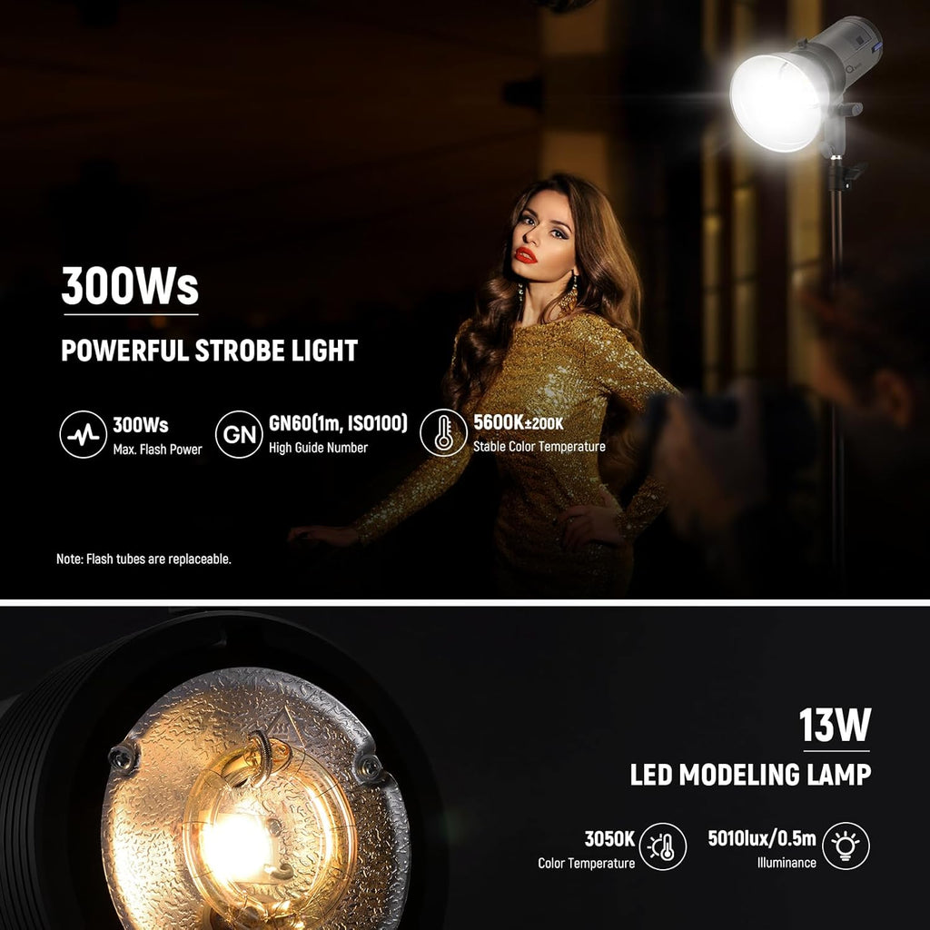 NEEWER Q300 300Ws 2.4G Outdoor Studio Flash with Q Compact Wireless Trigger, 7800mAh Li ion Battery Powered Strobe Light Photography Cordless Monolight with 1000 Full Power Flash 0.4-2.5s Recycle