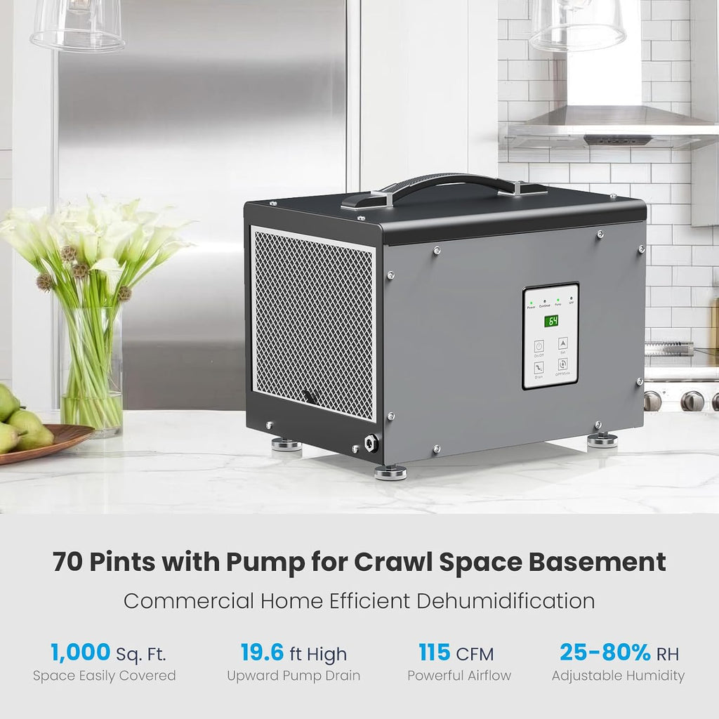 BaseAire Crawlspace Dehumidifier with Pump, Compact Dehumidifiers for Commercial, Basement and Water Damage with Drain Hose, 70 PPD, Auto Defrost, GLGR Technology, Up to 1000 Sq Ft