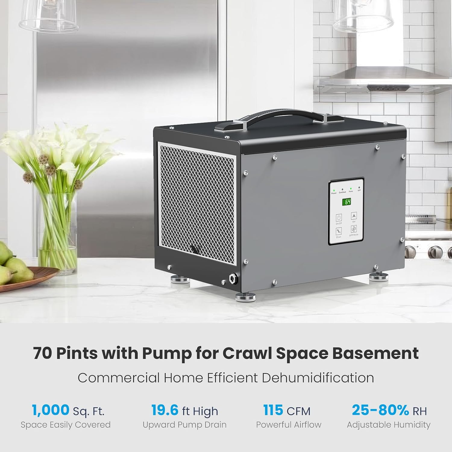 BaseAire Crawlspace Dehumidifier with Pump, Compact Dehumidifiers for Commercial, Basement and Water Damage with Drain Hose, 70 PPD, Auto Defrost, GLGR Technology, Up to 1000 Sq Ft