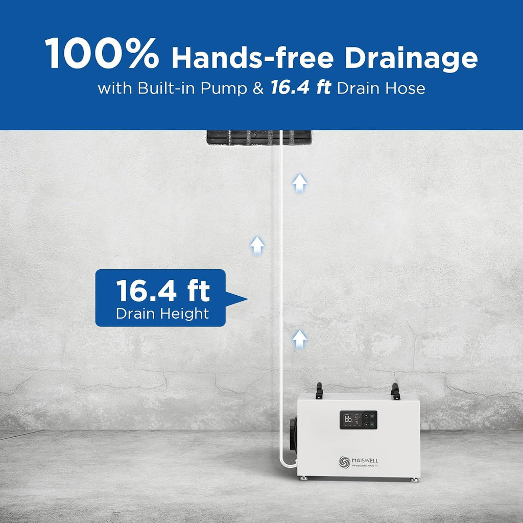 145 Pints Commercial Dehumidifier with Pump, Crawlspace Dehumidifiers with Drain Hose for Compact Tight Basements Large Spaces | MOISWELL Defender MP70
