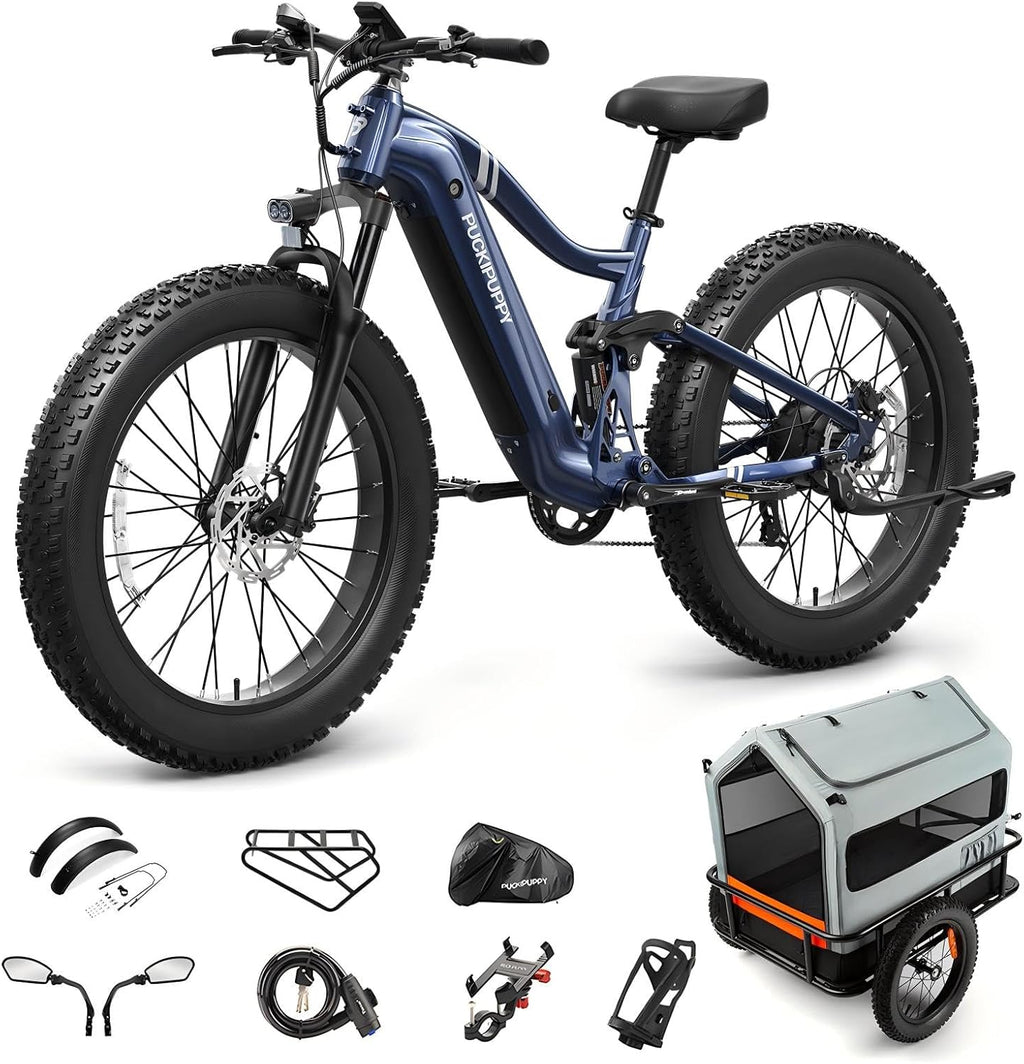 PUCKIPUPPY Electric Bike for Adults 960W, 48V 20AH Battery Ebike, 26' Fat Tire 28MPH 80Miles Range Mountain Electric Bicycle, 7 Speed Hydraulic Disc Brake, Full Suspension