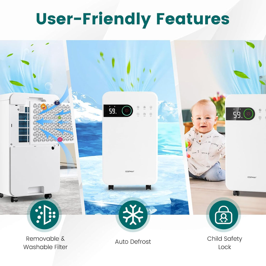 COSTWAY 2,500 Sq. Ft Dehumidifier for Basement, 32 Pints Home Dehumidifier with Wheels, Sleep Mode, 24H Timer, 3-Color LED Indicator Light & Child Safety Lock