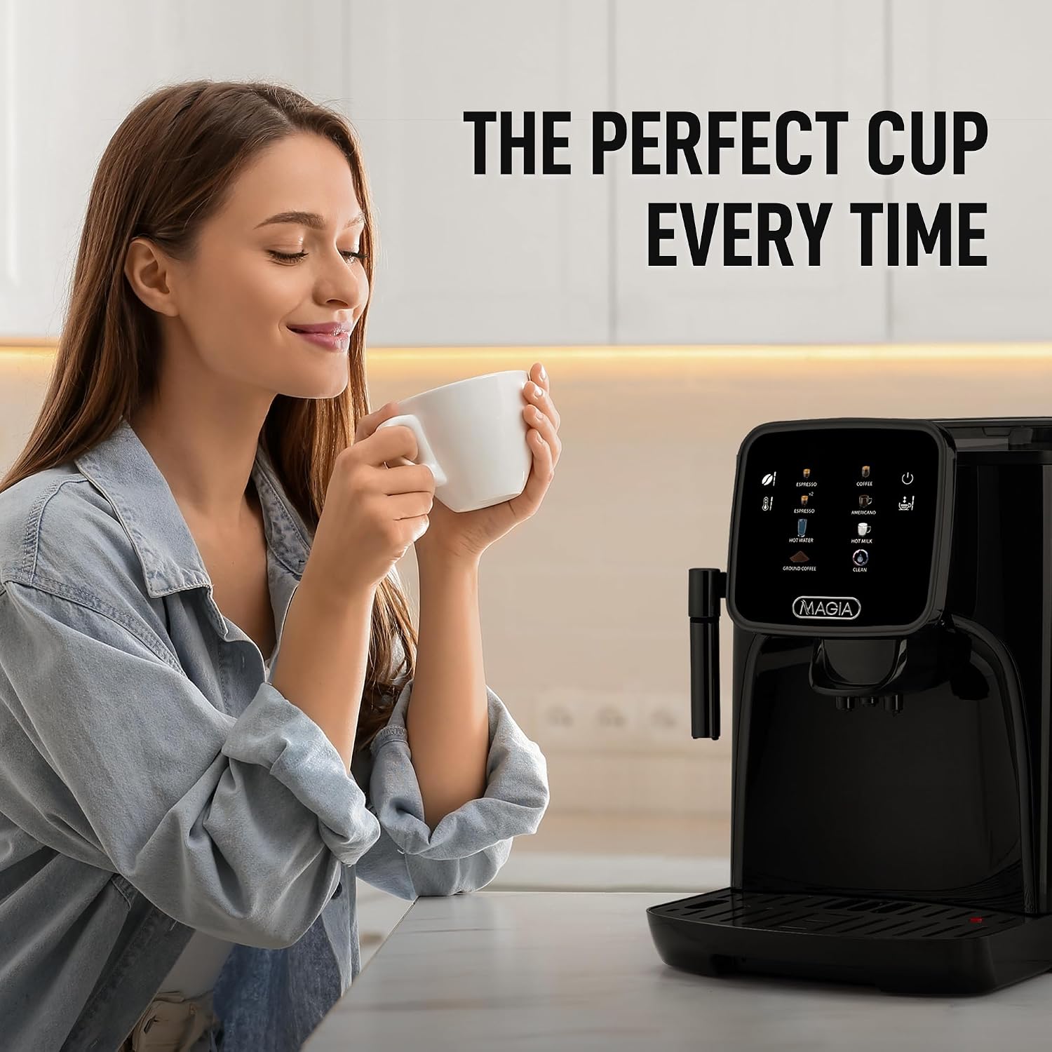 Zulay Kitchen Magia Clasica Automatic Espresso Machine with Built-In Grinder, Touch Panel Coffee Maker, Steam Wand Milk Frother, Adjustable Strength, Self-Cleaning, Black (13' x 17.7' x 9.4')