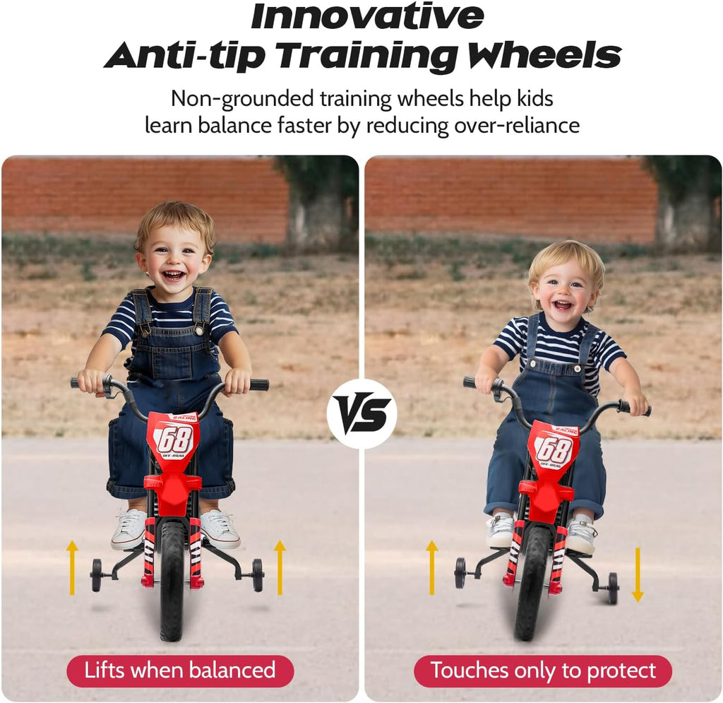 12V Kids Motorcycle w/Treaded Tires, 3.1mph Top Speed, Kids Motorcycle w/Training Wheels, Spring Suspension, Ideal for Toddlers 3-6 Years Old, Red