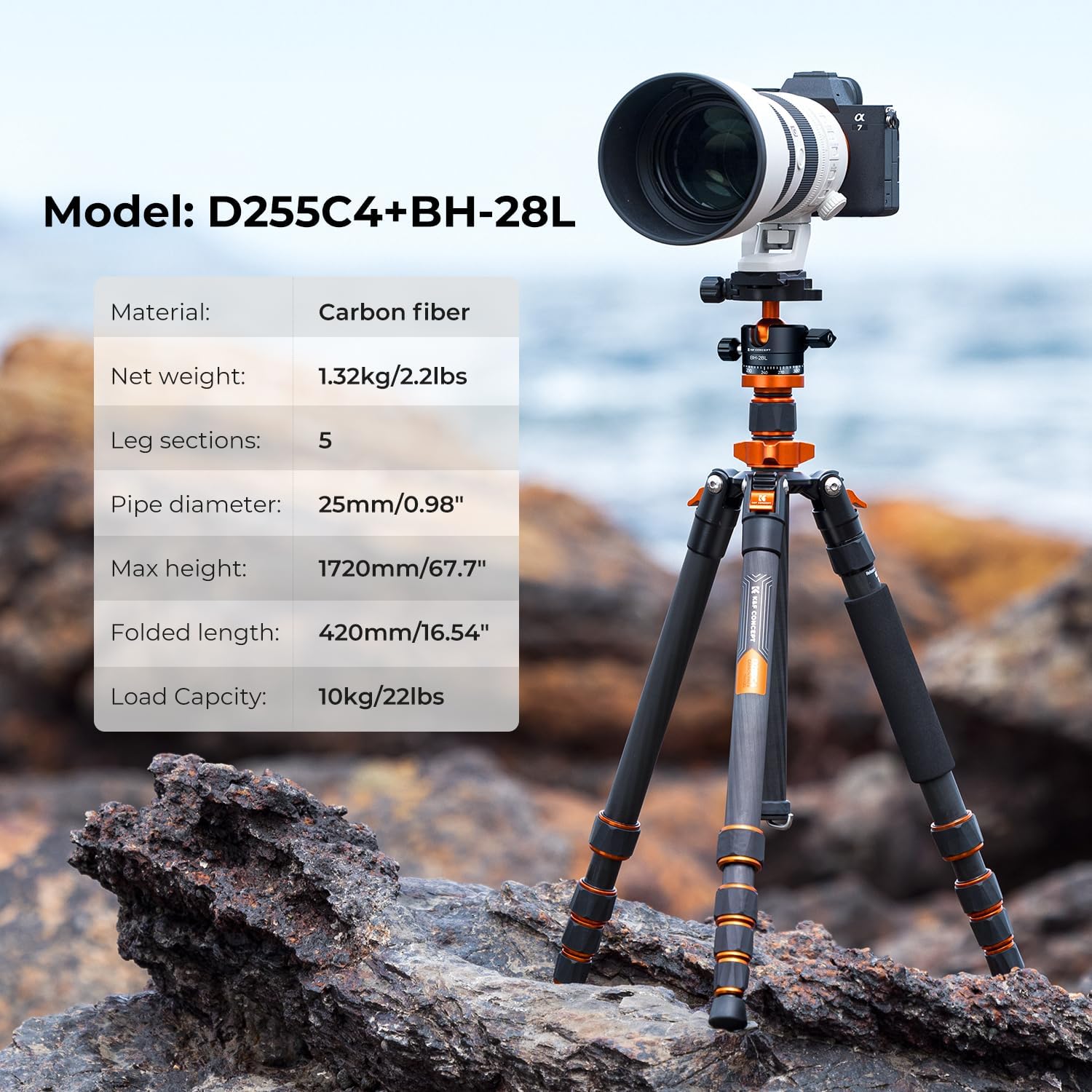 K&F Concept 68' Carbon Fiber Camera Tripod,Compact Tripods with Metal Ball Head,Quick Release Plate,Detachable Monopod 10KG Load for DSLR Cellphone Tripods(SA255C1) D255C4+BH-28L