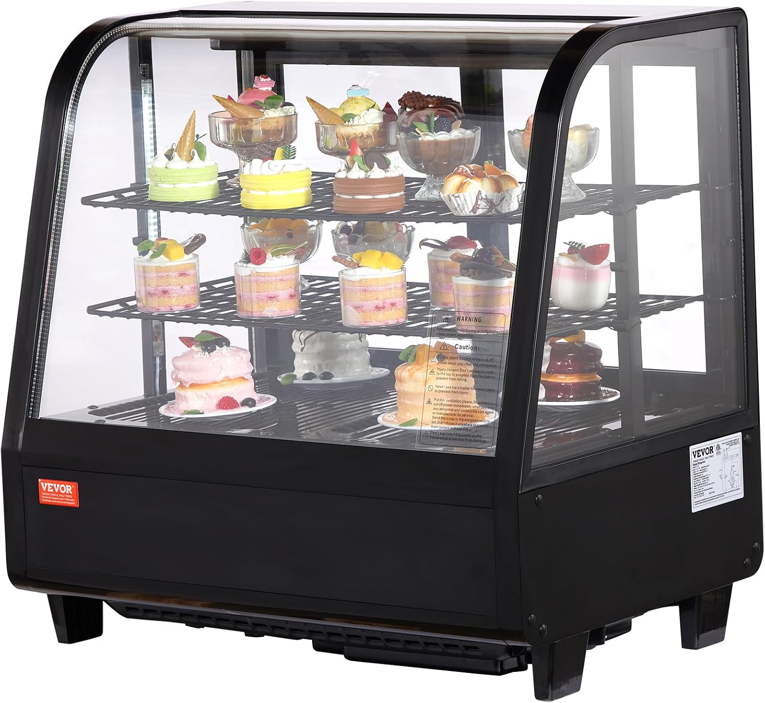 VEVOR 3.5 Cu.Ft Countertop Pastry Case ETL NSF DOE Certified Commercial Display Refrigerator with LED Lighting, Turbo, Frost-Free Air-Cooling, Rear Sliding Door, Curved, Black