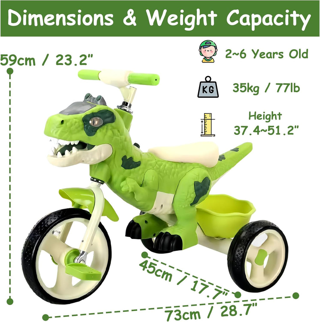 Dinosaur Kids Tricycle for 2-6 Year Olds, Kids Trike Big Wheel with Rubber Wheels, Storage Basket, Music Lights, Indoor Outdoor Preschool Kids Bike, Birthday Gift for Girls & Boys