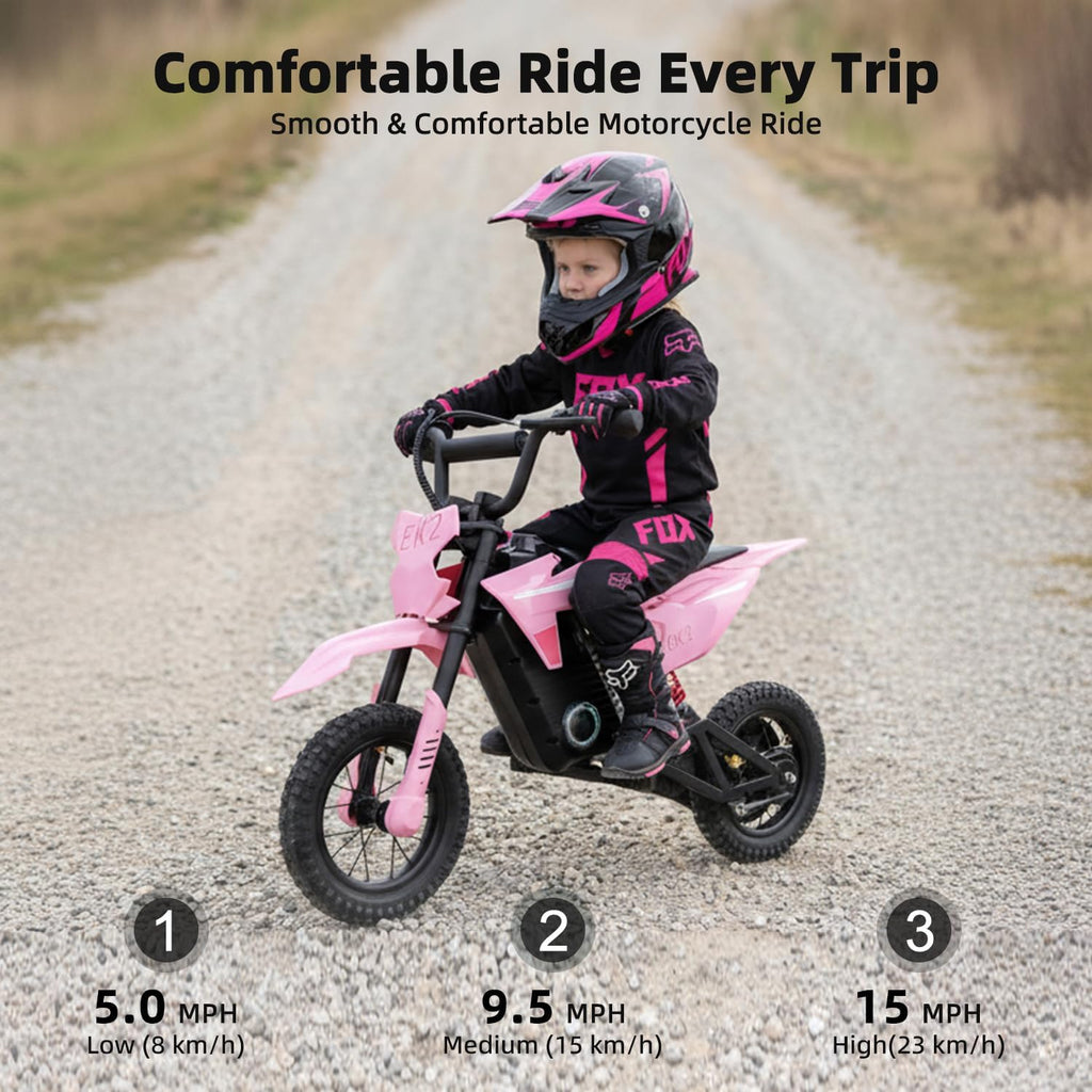 EK2 Kids Electric Dirt Bike, 350W Motor, 15 MPH Max Speed, 36V 5.2Ah Lithium Battery 12 Miles Max Range, Electric Motorcycle for Kids Aged 5-10, Pink