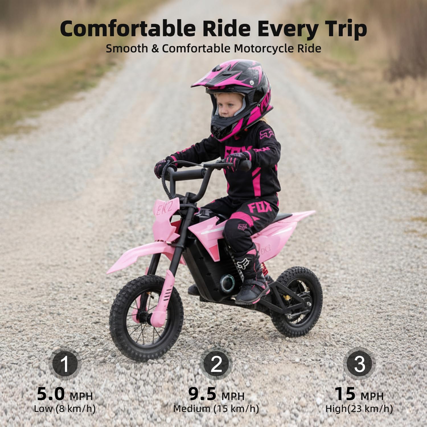 EK2 Kids Electric Dirt Bike, 350W Motor, 15 MPH Max Speed, 36V 5.2Ah Lithium Battery 12 Miles Max Range, Electric Motorcycle for Kids Aged 5-10, Pink