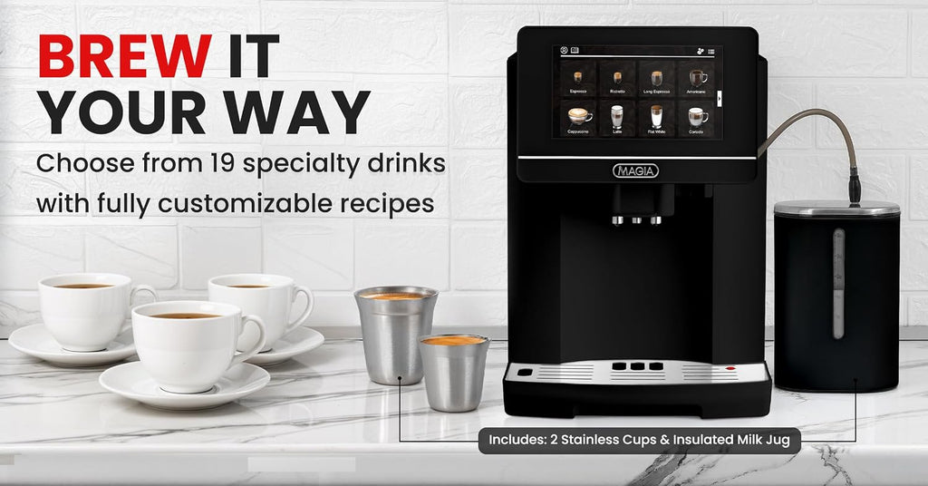 Zulay Kitchen Magia Ultra LUX Super Automatic Espresso Machine, Bean-to-Cup Coffee Maker with Built-In Grinder, Automatic Milk System, 19 One-Touch Specialty Drinks, Touchscreen, Black