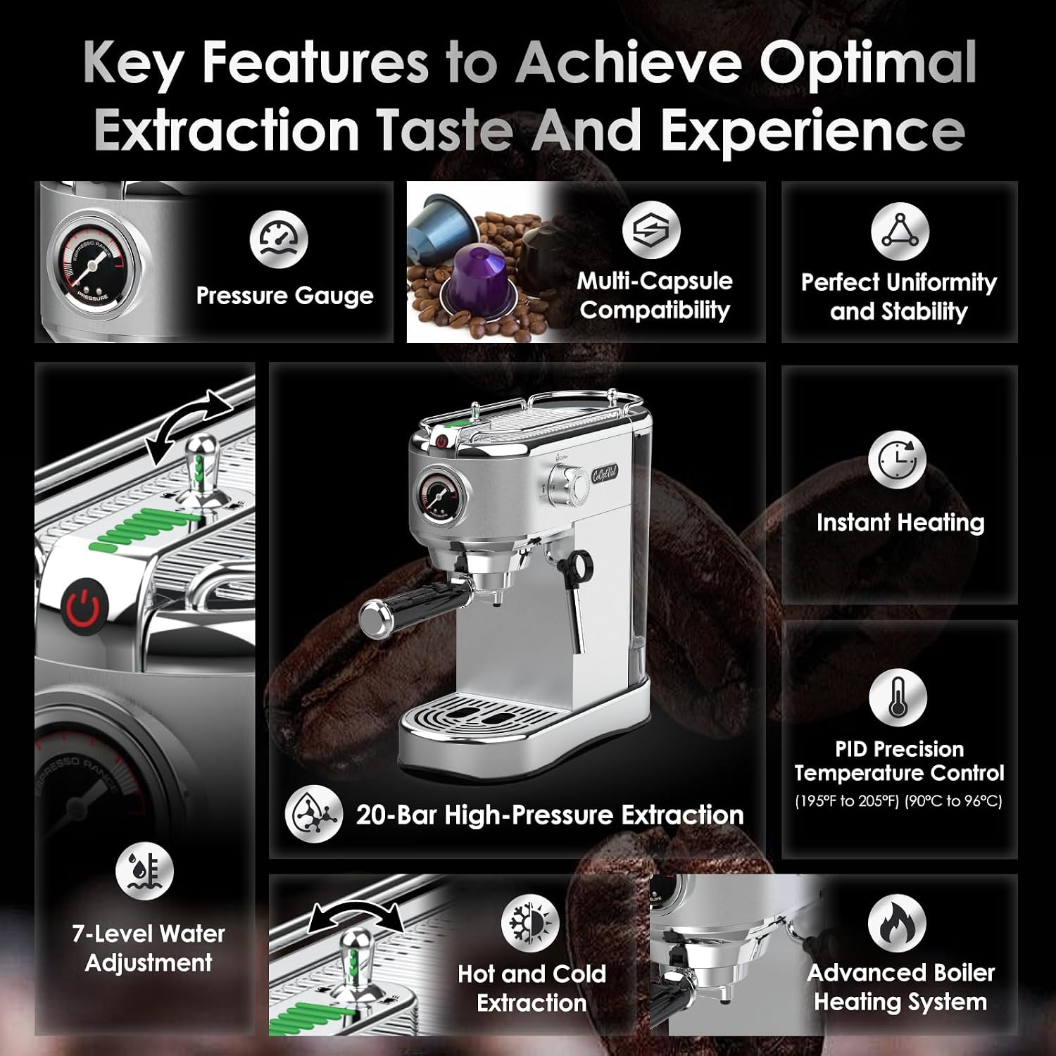 20-Bar Espresso Machine & Coffee Machine – Compatible with Nespresso, Keurig K Cup – Hot & Cold Brew, Milk Frother, Stainless Steel – 10 oz Espresso Cup - Latte Machine & Cappuccino Machine