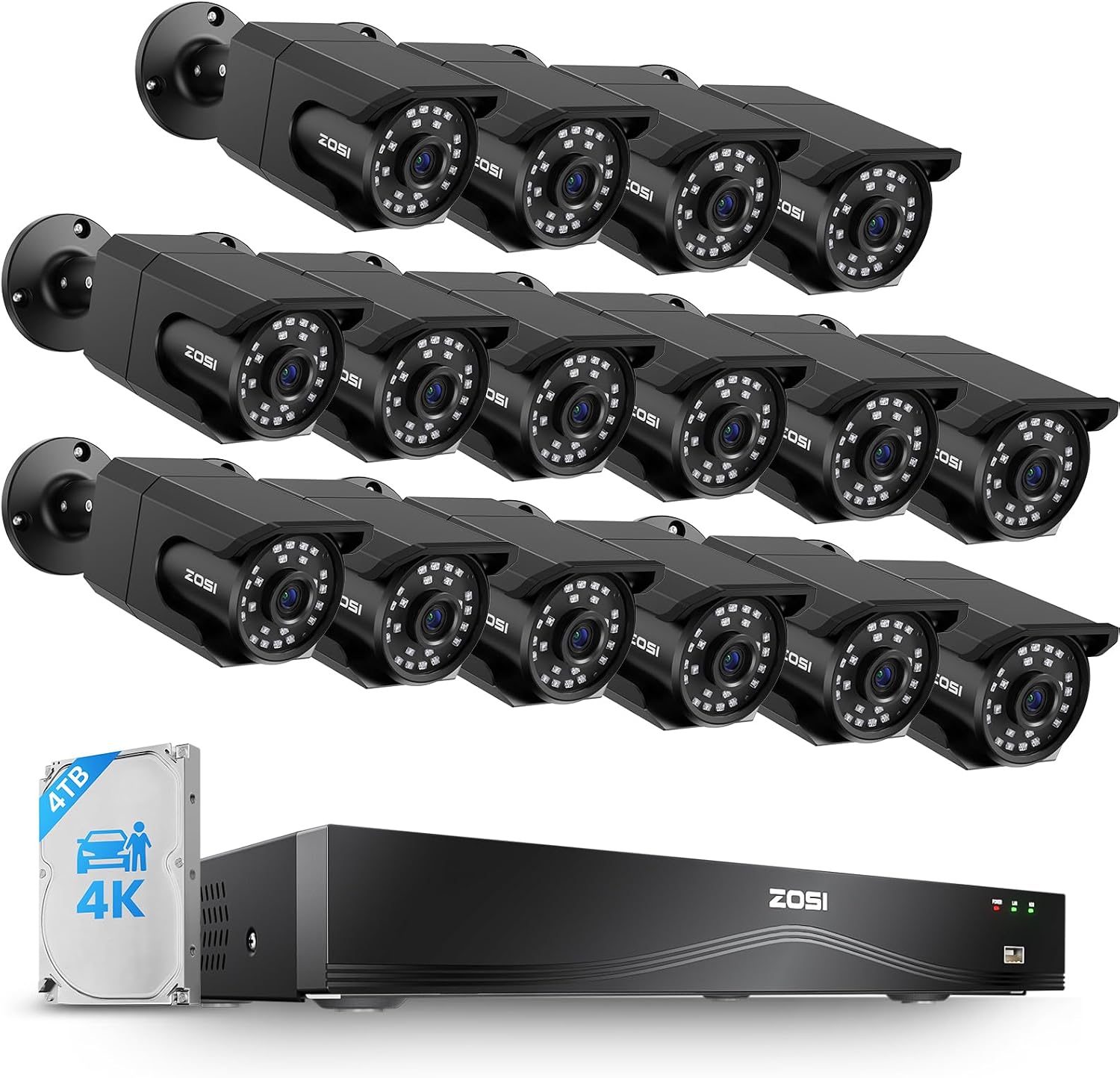 ZOSI 4K 16CH PoE Security Camera System, 16 x 8MP PoE IP Camera Outdoor Indoor with Human Detection, 100ft IR Night Vision, IP66 Weatherproof, 4K 16CH H.265+ NVR with 4TB HDD for 24/7 Audio Recording