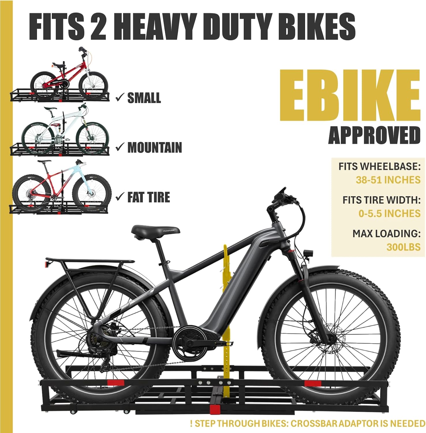 Hitch-Mount Bike Rack for Ebike Heavy-Duty - Comes with Cargo Carrier Fits 2 Electric Fat-Tire Mountain Bicycles Fits 2' Receiver for Car Trailer SUV Truck RV Minivan (Gold)