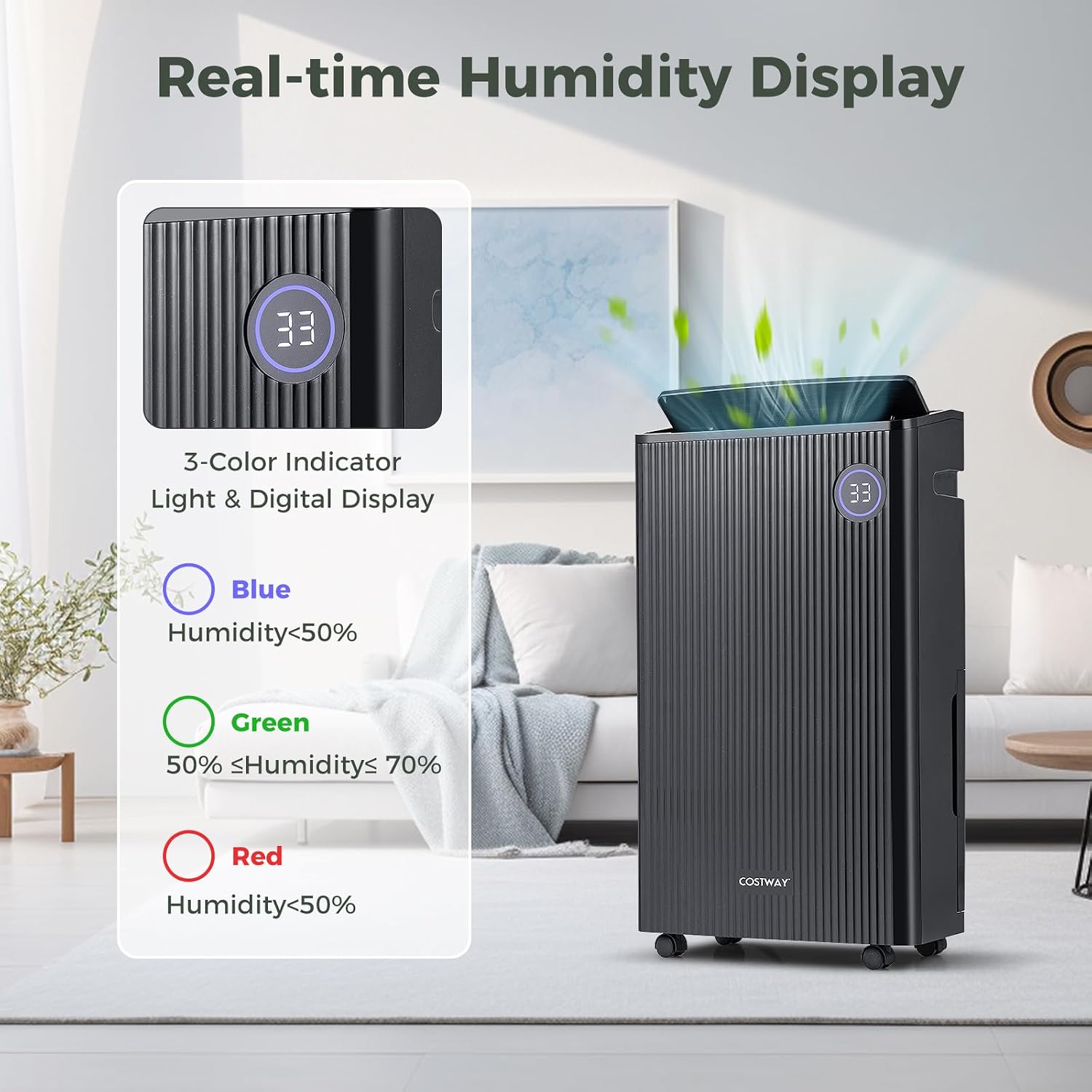 COSTWAY 4,500 Sq. Ft Dehumidifier for Basement, 3-Color Humidity Indicator, Dry Clothes Mode, 12' Drain Hose & Wheels, 57 Pints Dehumidifier for Large Room (Black)