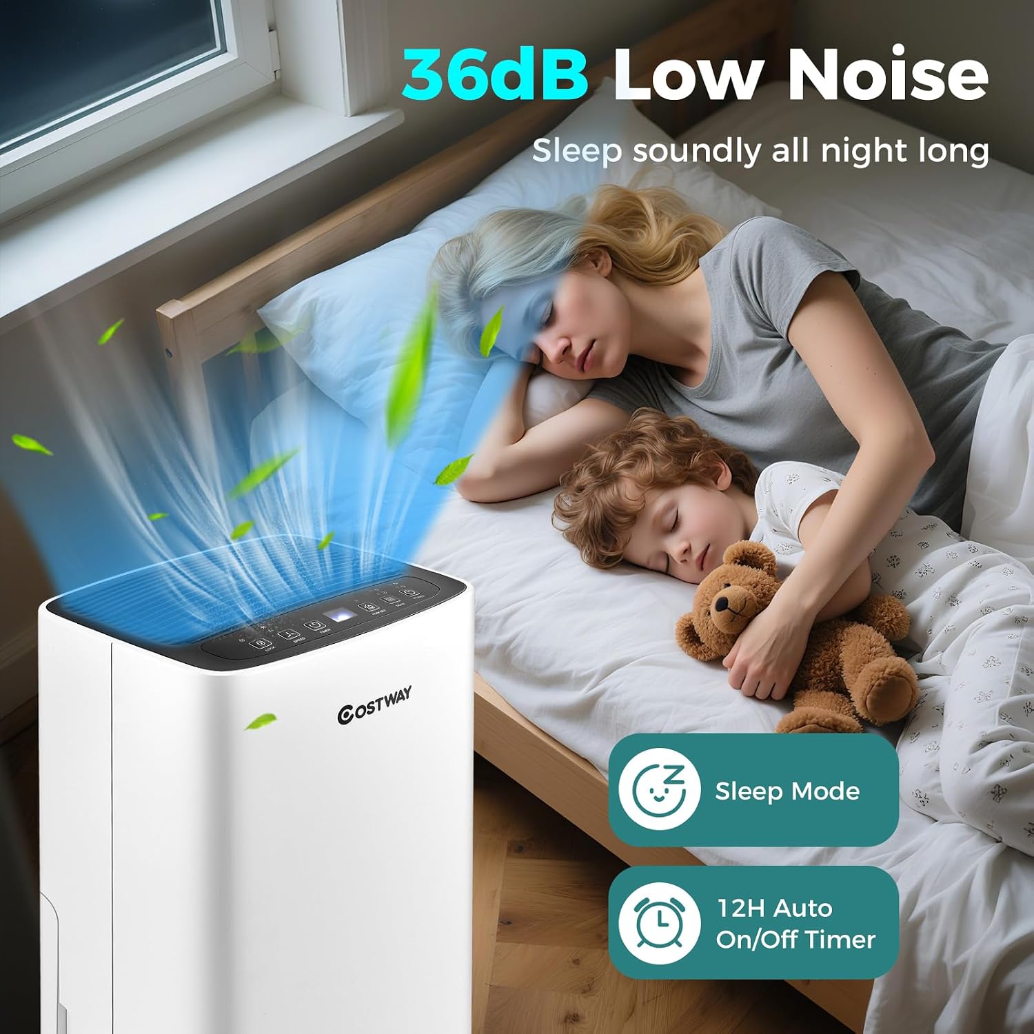 COSTWAY Dehumidifier for Large Room and Basements, Portable 30 Pints Dehumidifier with 3 Modes, 2 Speeds, Low Noise, 24H Timer, Auto or Manual Drainage