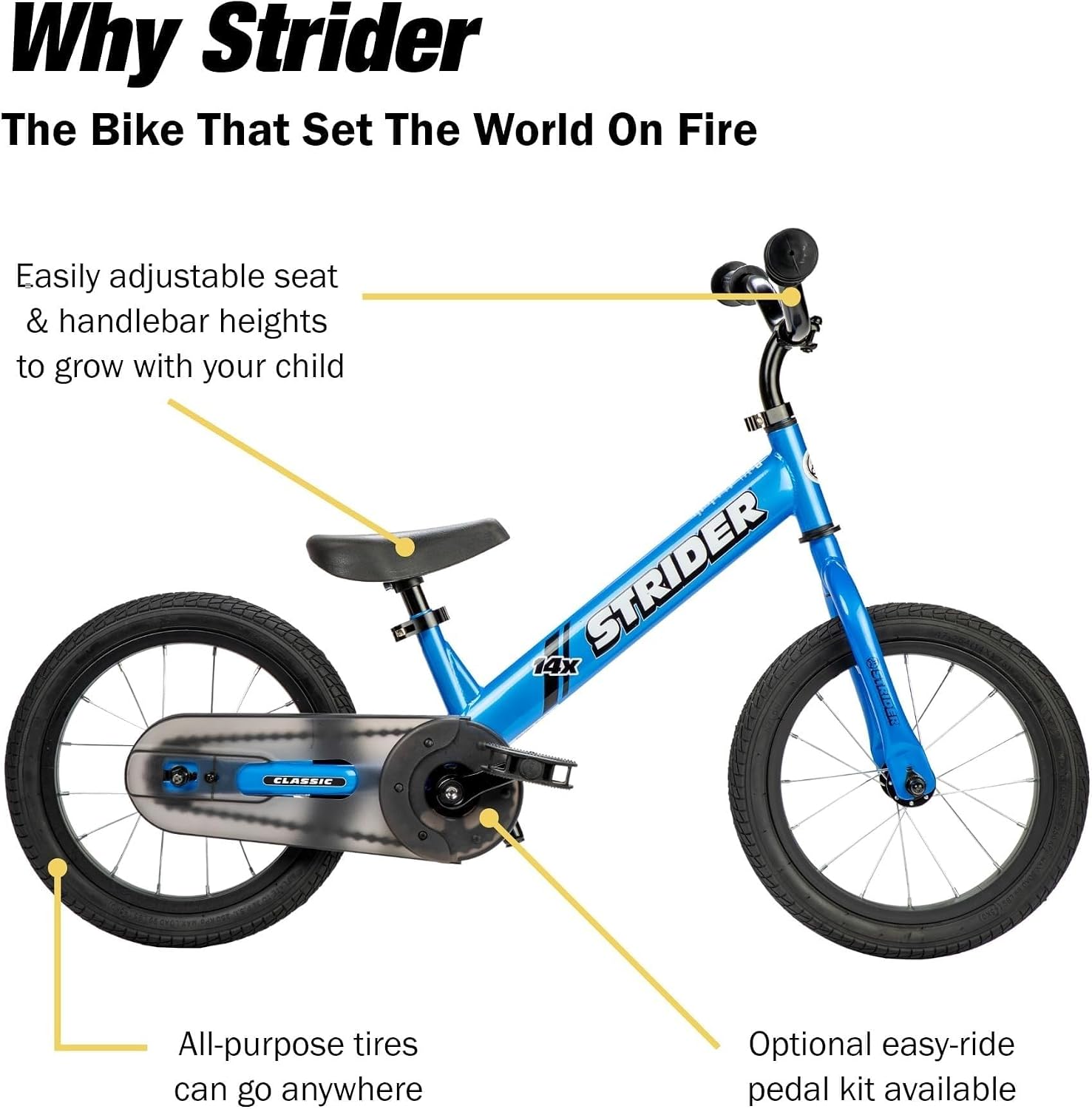Strider 14x Classic, Balance Bike for Kids 3 to 6 Years - Includes Custom Grips, Padded Seat, Performance Footrest & All-Purpose Tires - Easy Assembly & Adjustments