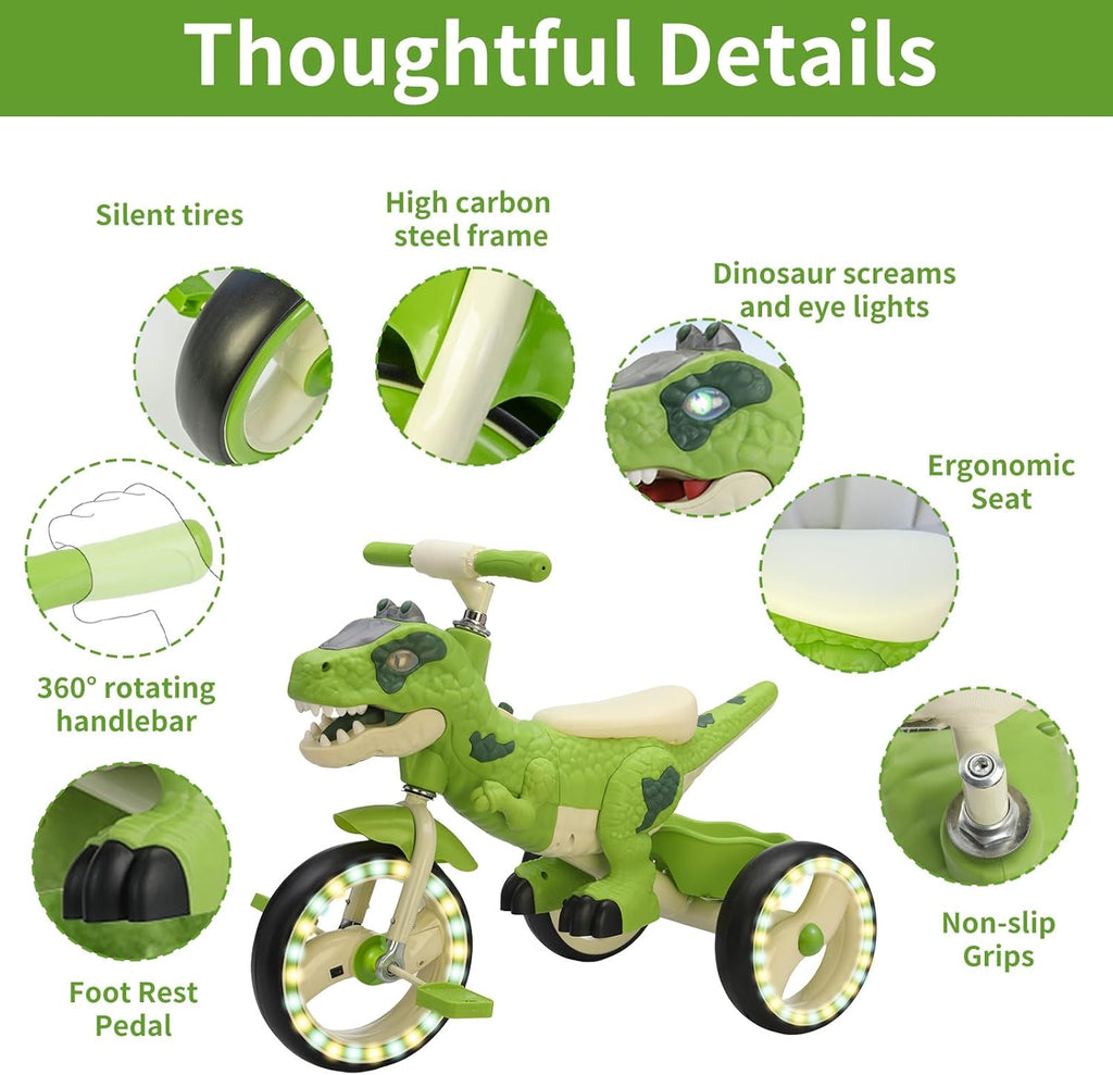 Dinosaur Kids Tricycle for Rider- Toddlers Kid Trike Bike Big Wheel with Music, Storage Basket,Light Wheel, Indoor/Outdoor Preschool Daycare Kids Bike,Best Gift for 3-7 Year Old Girls & Boys (Green)