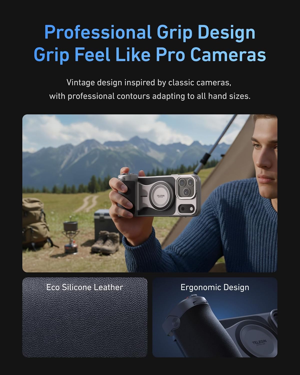 TELESIN Master Grip Universal for iPhone/MagSafe, Magnetic Phone Camera Grip with C03 Selfie Light Creator Kit Built 3200mAh Battery Wireless Charging -【Graphene Case Only for iPhone 17 Pro Max】