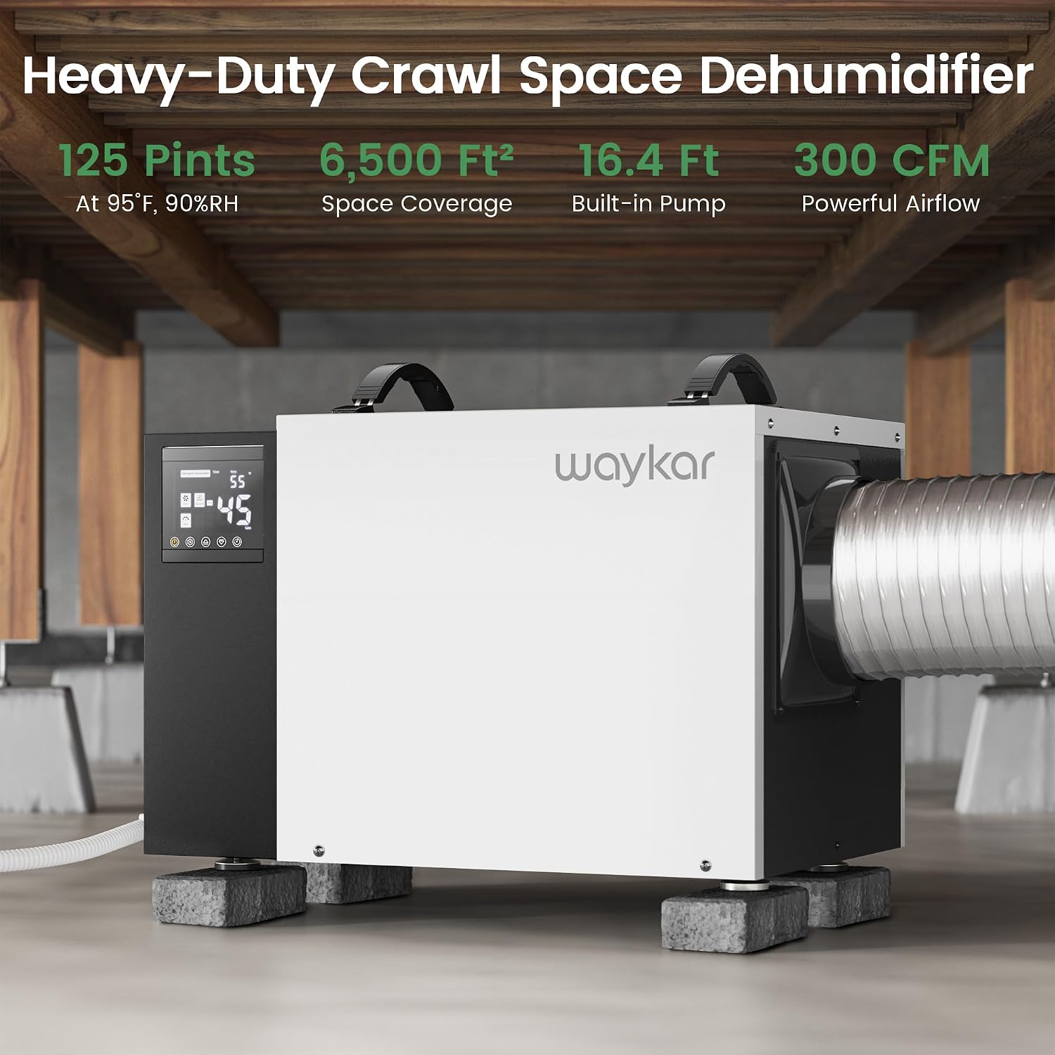 Waykar 125 Pint Crawl Space Dehumidifier with Pump & Drain Hose for Basements, Commercial & Water Damage Spaces up to 6500 Sq. Ft., Compact, Strong Dehumidification, 5-Year Quality Coverage