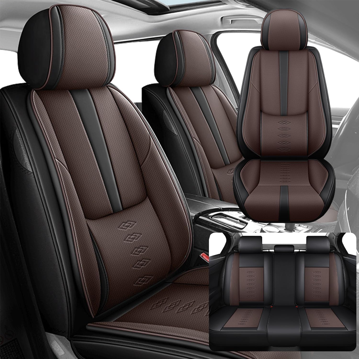 Car Seat Covers 5 Seats Fit for Mitsubishi Montero 1999-2005,Waterproof Leather Seat Covers,Airbag Compatible,Car Seat Protectors Interior Sets(Full Set,Black&Brown)