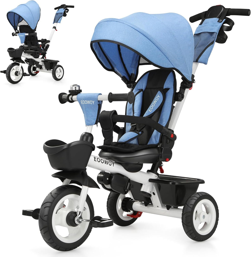 EOOWOY Toddler Tricycle with Push Handle, 7 in 1 Stroller Trike with 360° Swivel Seat, Reclining Backrest, All-Terrain Wheels, Dual Brakes, Canopy & Storage, Gift for Kids 18 Months to 5 Years, Blue
