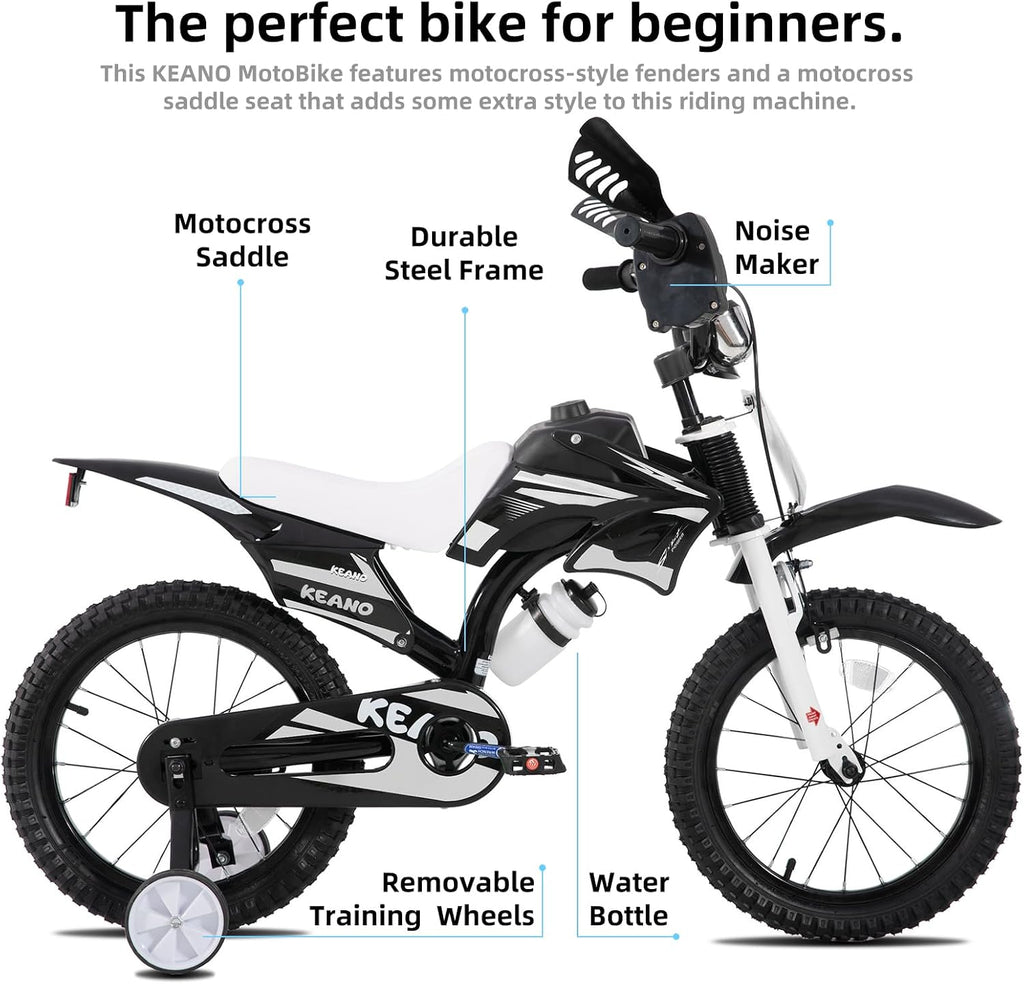 KEANO Motocross Style Kids Bike for Boys Girls Ages 3-7 Years, 12 & 16 Inch Bikes with Training Wheels and Number Plate, Children Bicycles Black