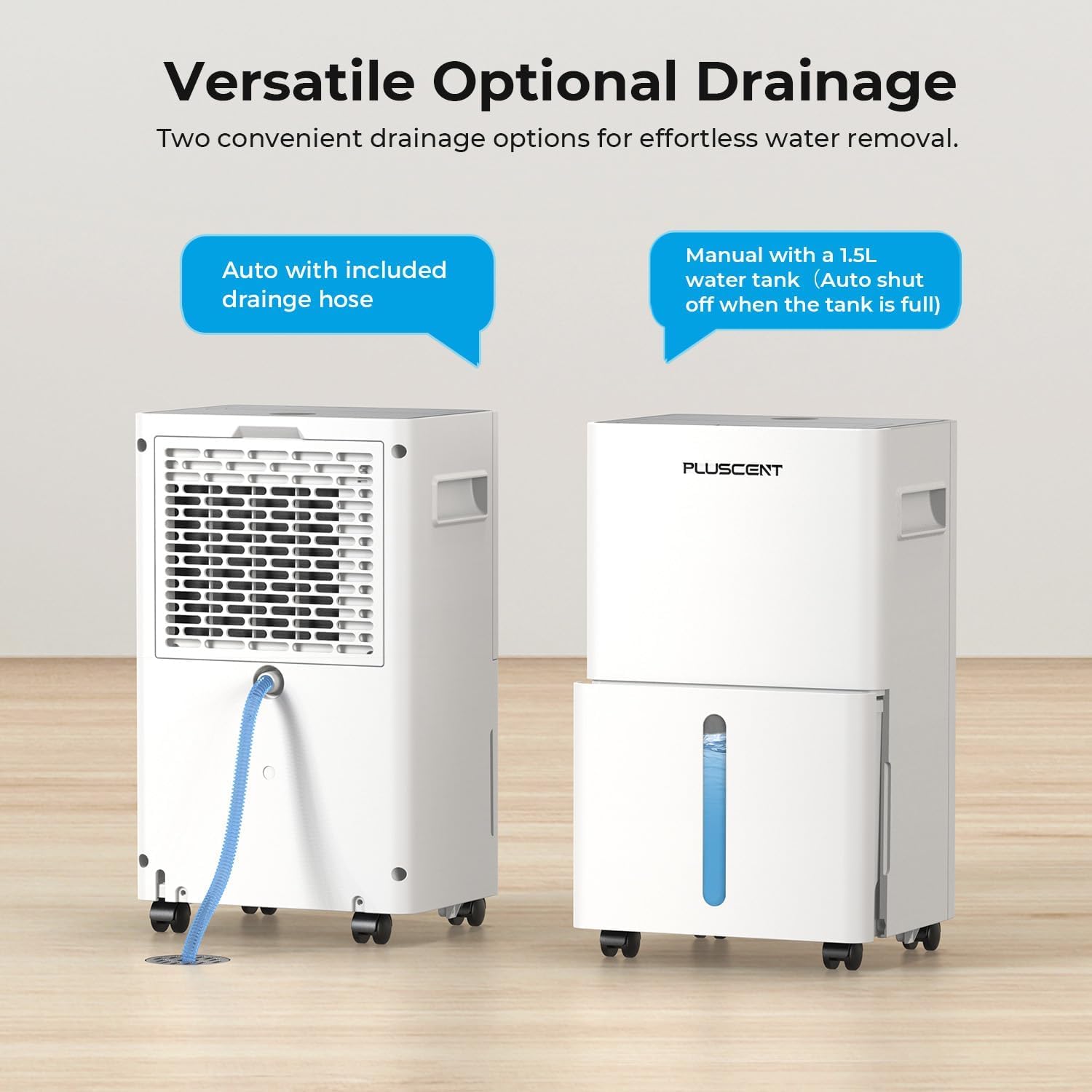 1500 Sq.ft Dehumidifier for Basement, PLUSCENT Max 21 Pint/Day Dehumidifiers for Home, Large Room, Bedroom with Drain Hose, Smart Humidity Control & Monitor, 3 Operation Modes, 24H Timer, Auto Defrost
