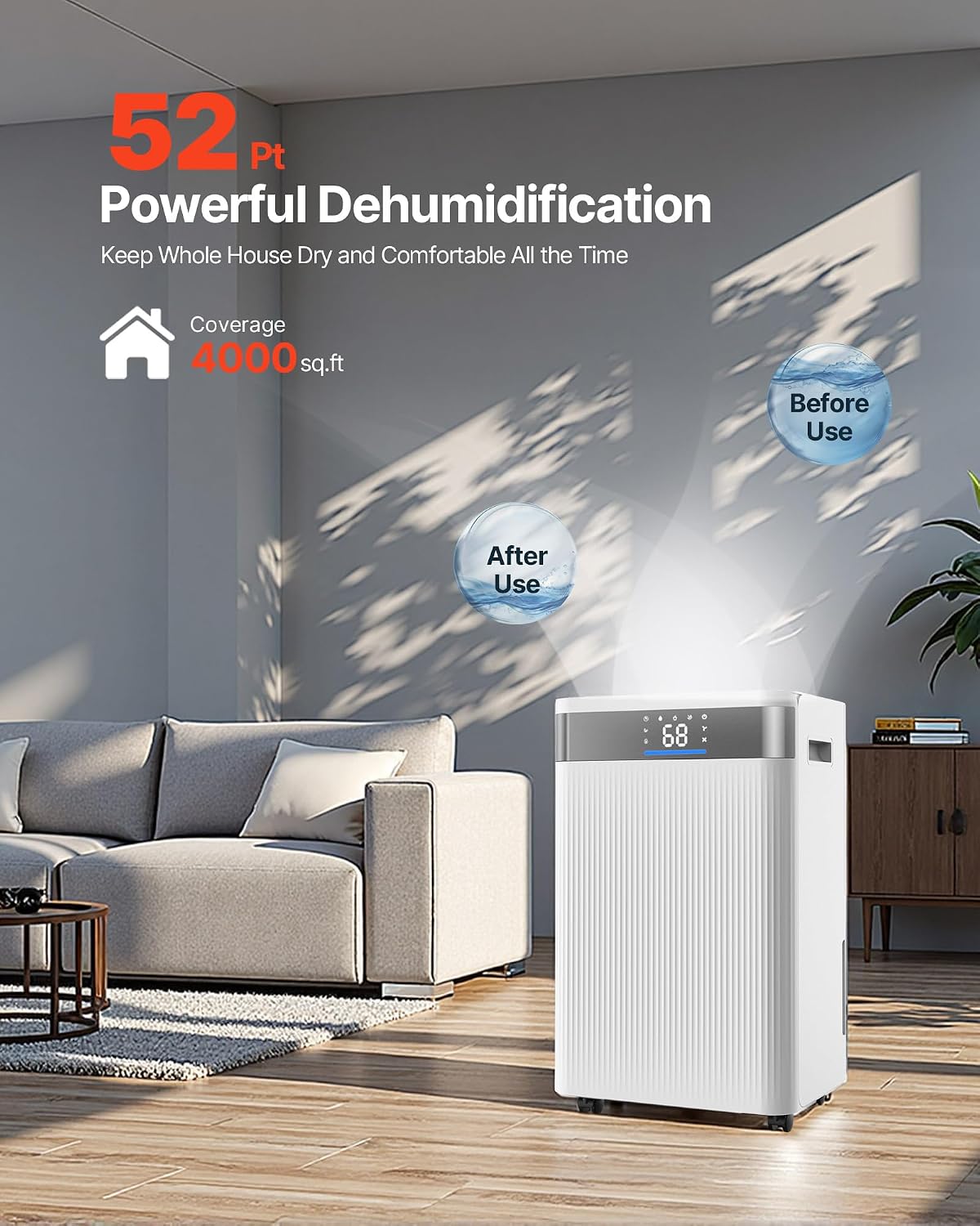 VEVOR 52 Pints Dehumidifier for Home & Basement, 4000 Sq.Ft Large Coverage, Drain Hose for Commercial & Industrial Use, Smart Humidity Control, Low Noise for Warehouses, Bathroom, Bedrooms & Storage