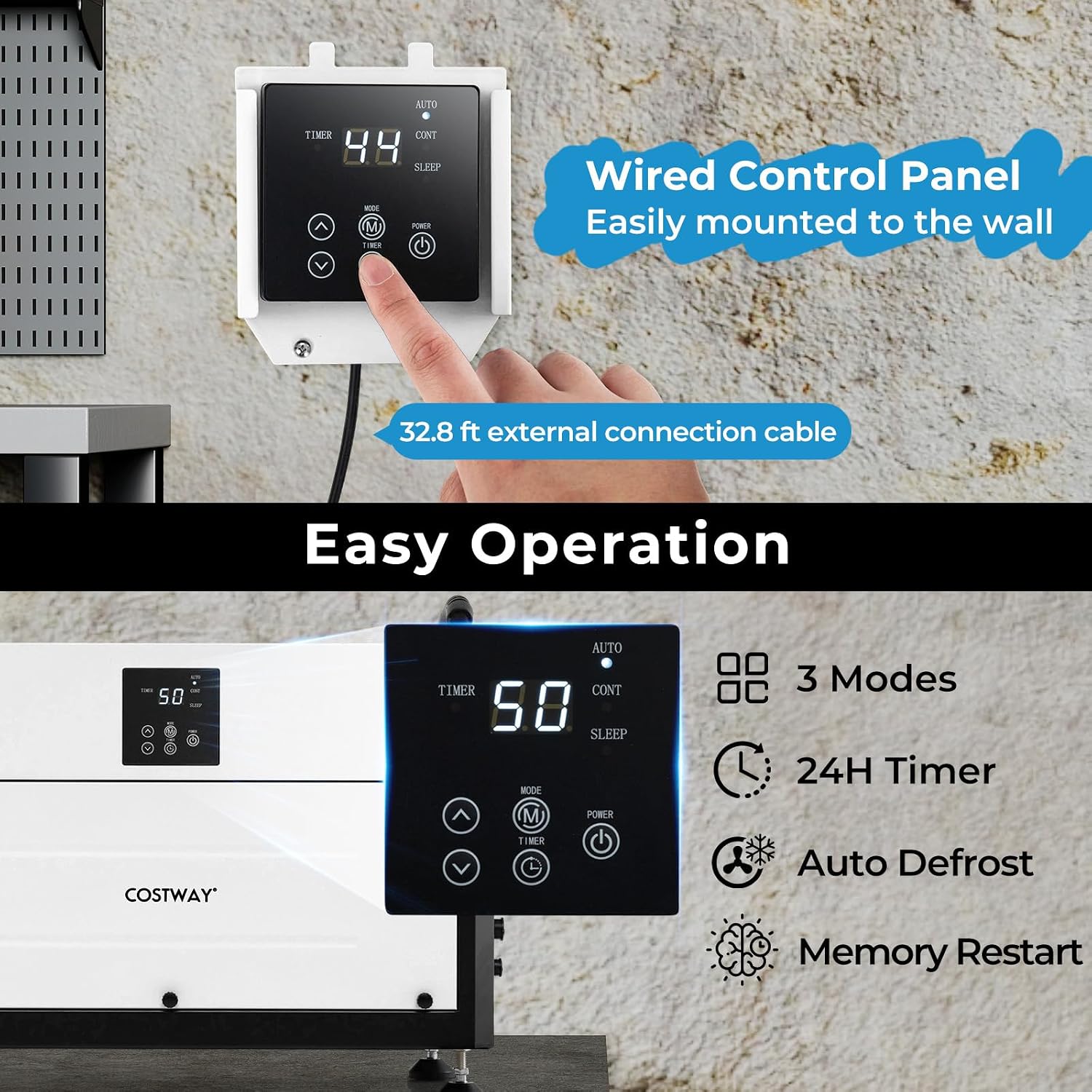 COSTWAY 155 PPD Commercial Dehumidifier, 1900 Sq.Ft Crawl Space Dehumidifier with 9.8 FT Drain Hose & Wired Remote Control Panel, Ideal for Basement, Warehouse (White)