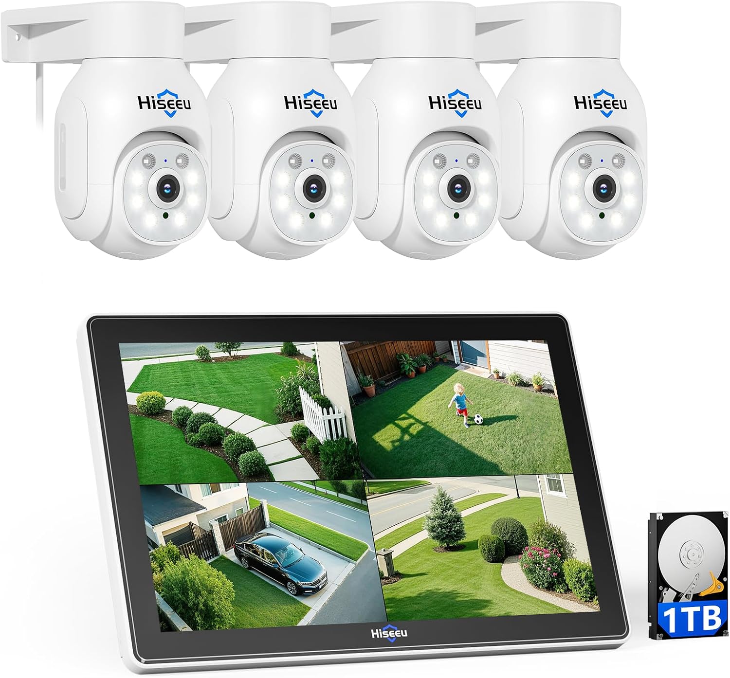 Hiseeu Wireless Security Camera System, 5MP Outdoor Cameras with 10' LCD Monitor 4-Cam Kit, 1TB HDD, Plug & Play NVR, Auto Tracking, 2.4G/5GHz WiFi, 2-Way Audio, Color Night Vision, No Monthly Fees