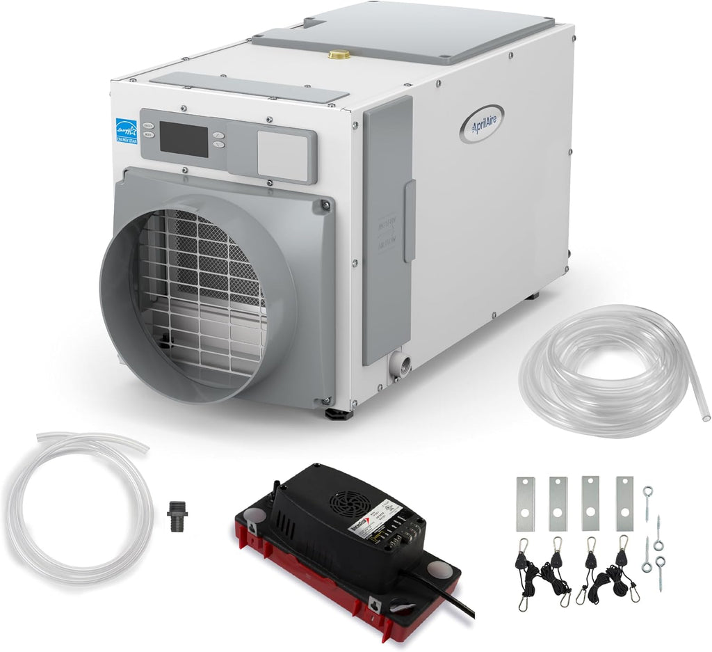 AprilAire E100 Whole House Dehumidifier for Basement & Crawl Space – 100-Pint High-Capacity Commercial Dehumidifier for Homes Up to 5,500 Sq. Ft. with Pump, Drain Hose, & Hanging Kit for DIY Install