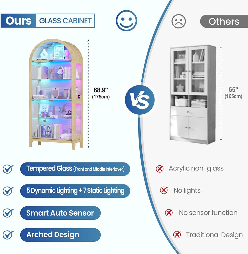 Lvifur Display Cabinet with - Glass Doors,Arched Curio Cabinet with RGB Lights for Collectibles,5-Tiers Tall Display Case with Human Sensor,Showcase Cabinet with Glass Shelf for Living Room (Natural)